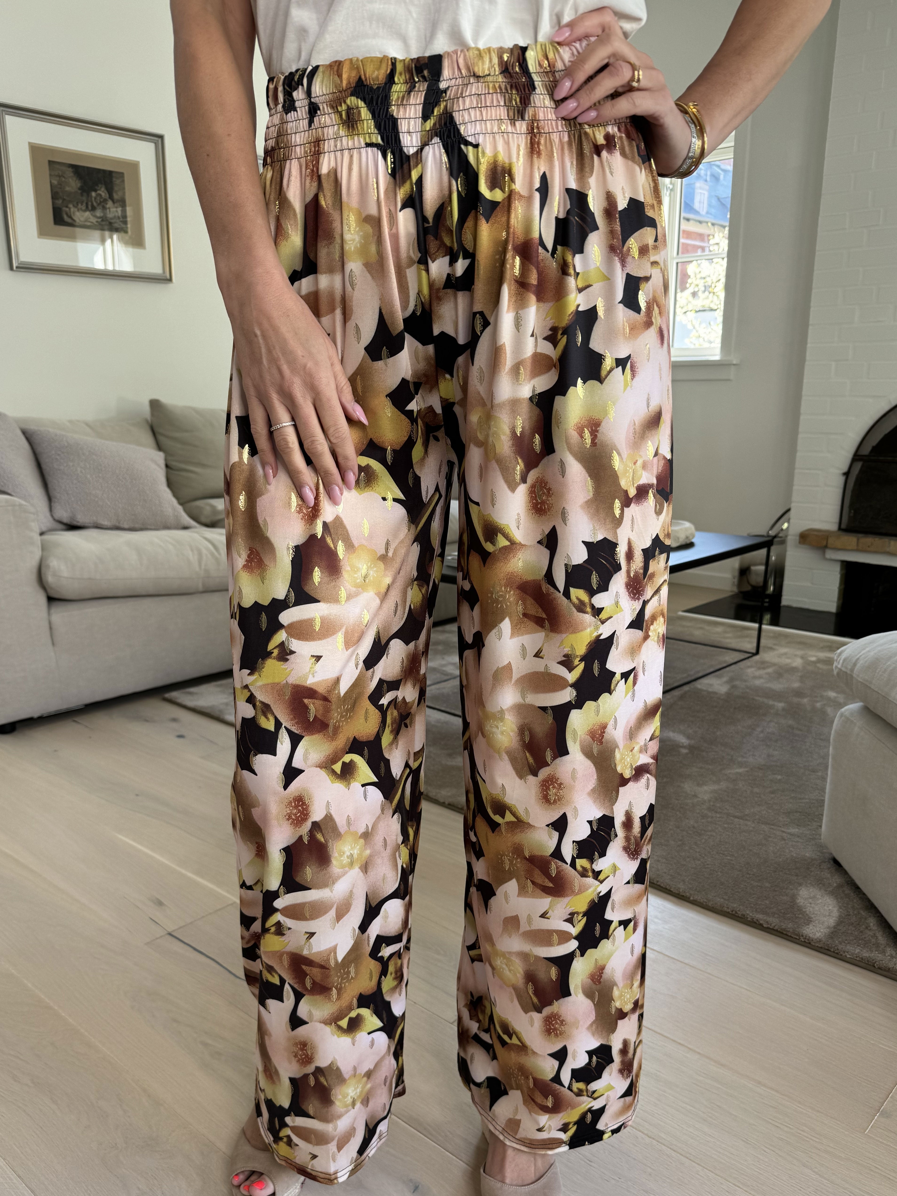 Pams sweet flower pants - Elastiska byxor utan veck med elastisk linning
