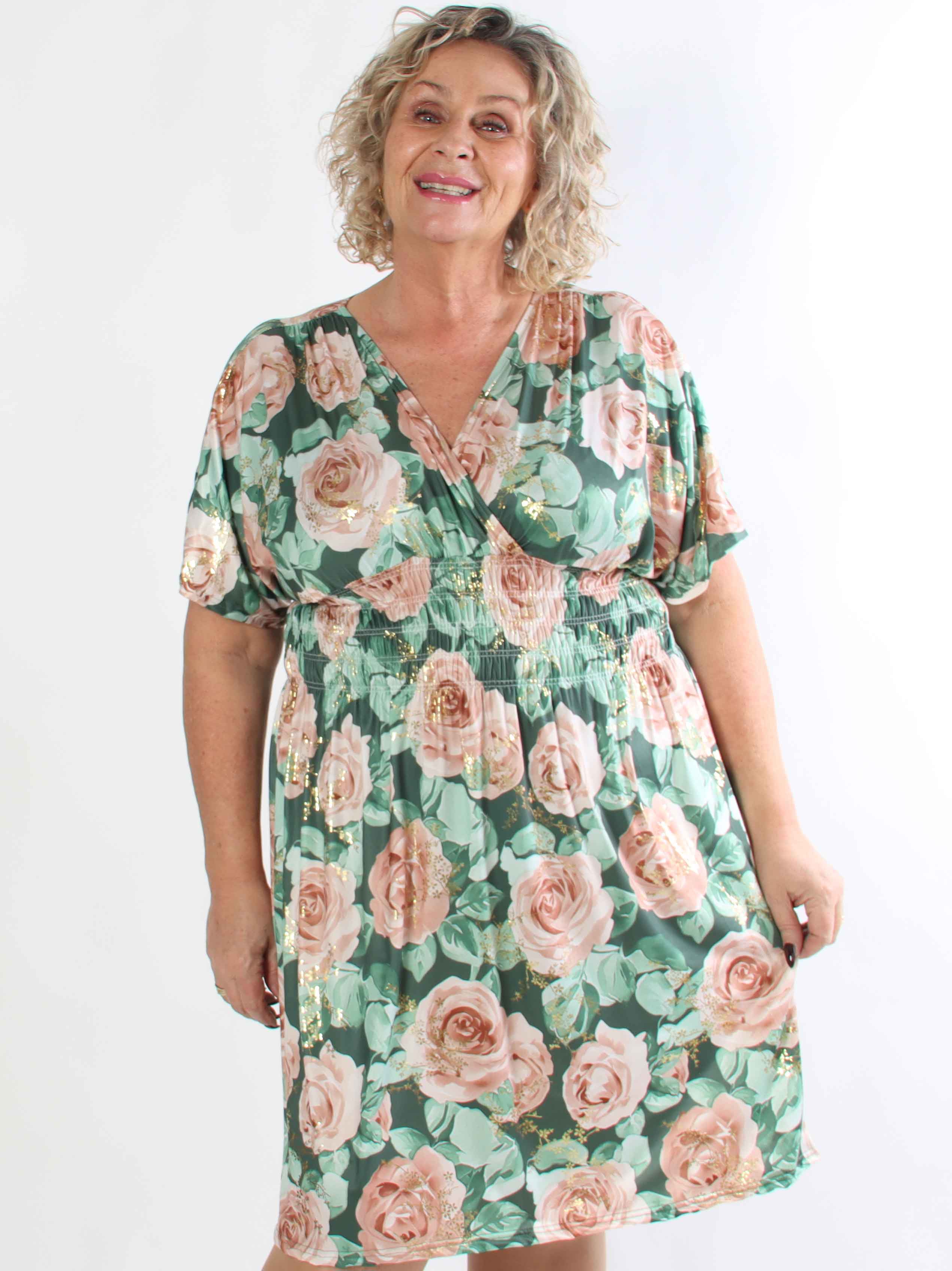 Pams Rose Short - Plus size kjole med blomstermotiver og guld blade