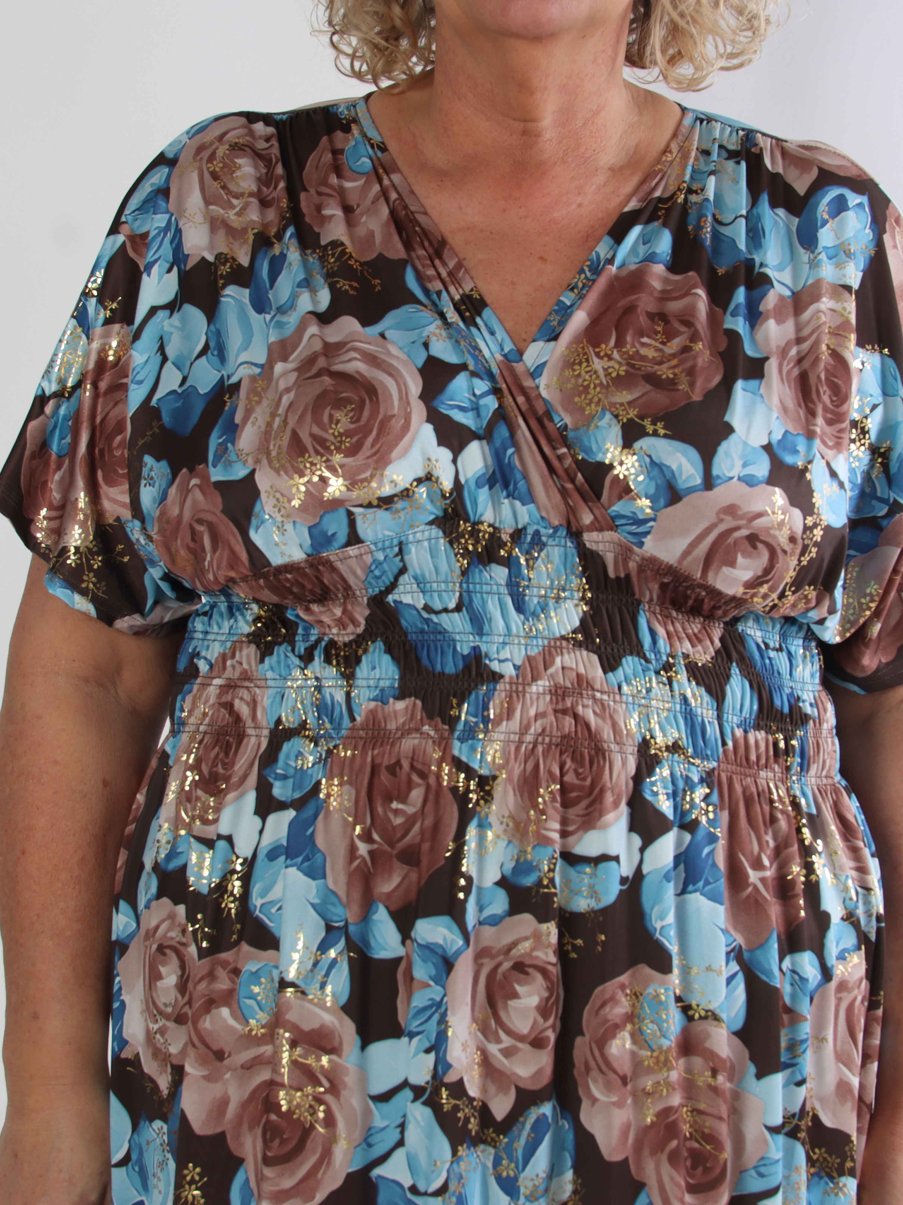 Pams Rose Short - Plus size kjole med blomstermotiver og guld blade