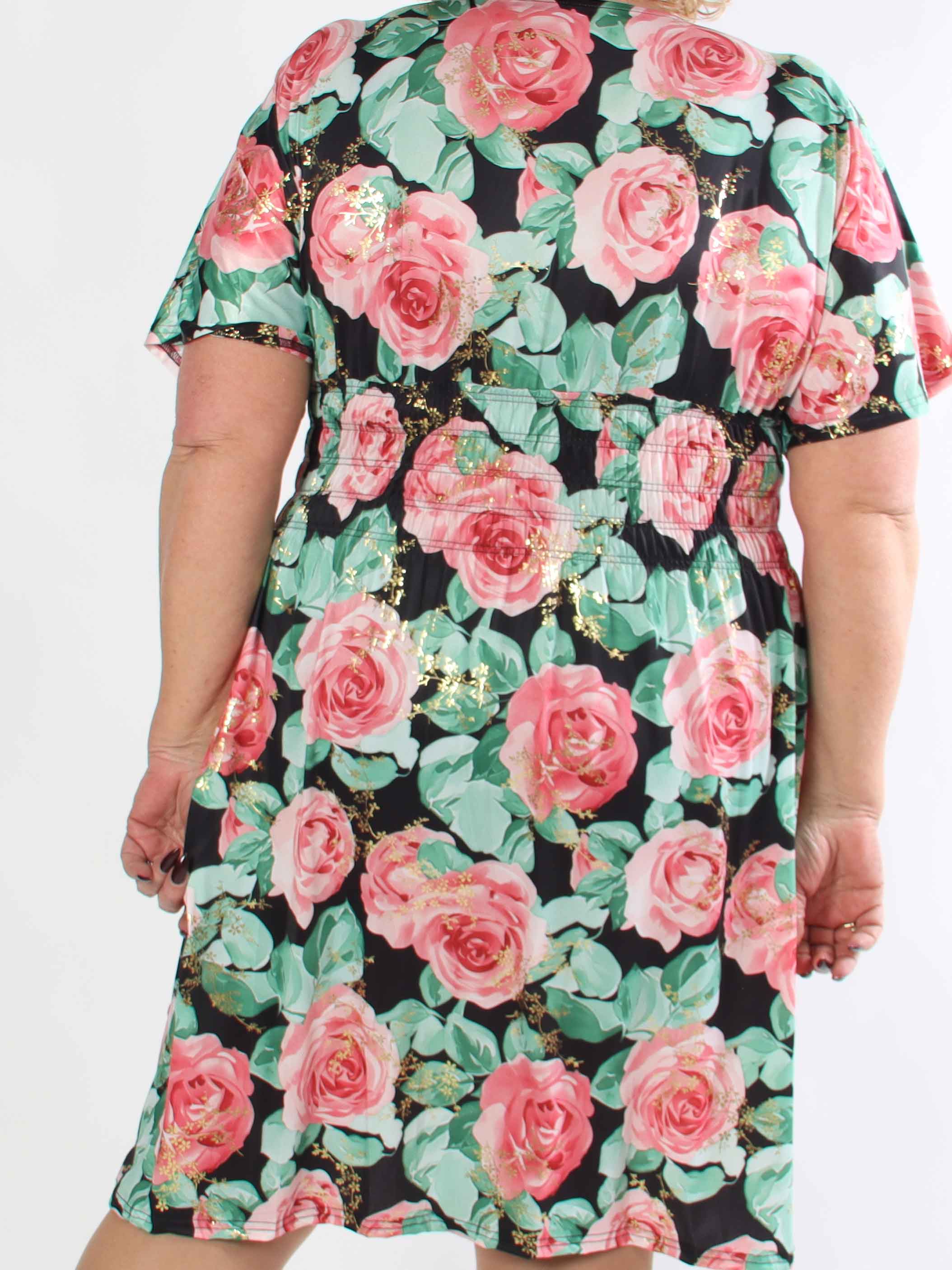 Pams Rose Short - Plus size kjole med blomstermotiver og guld blade