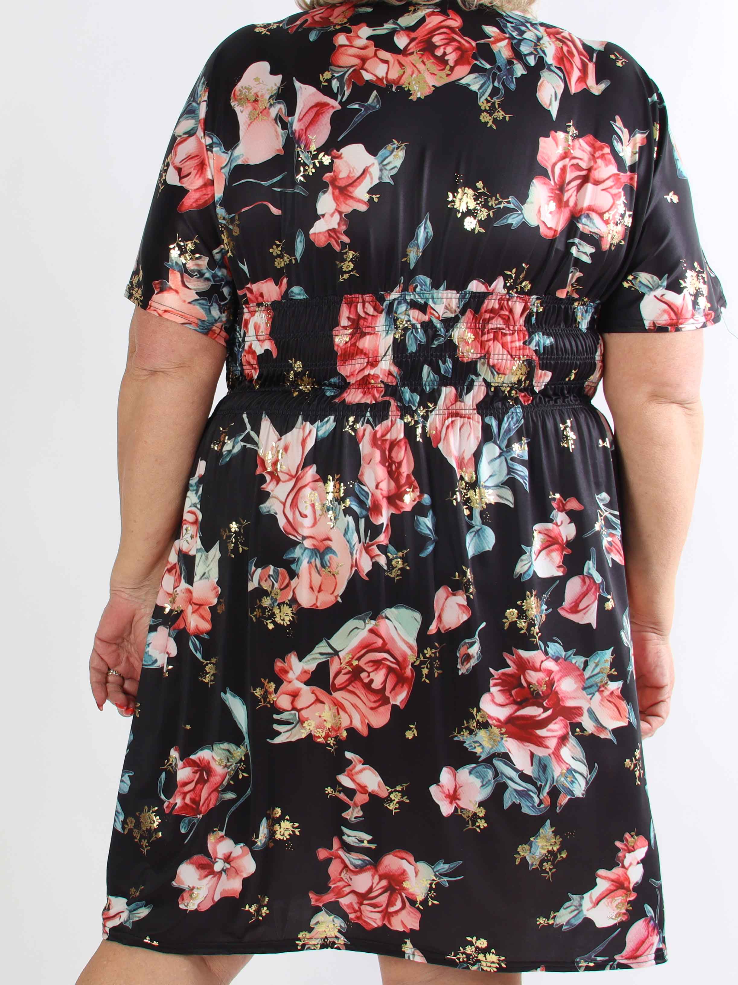 Pams Rosette Short - Plus size kjole med fine blomster og guld detaljer