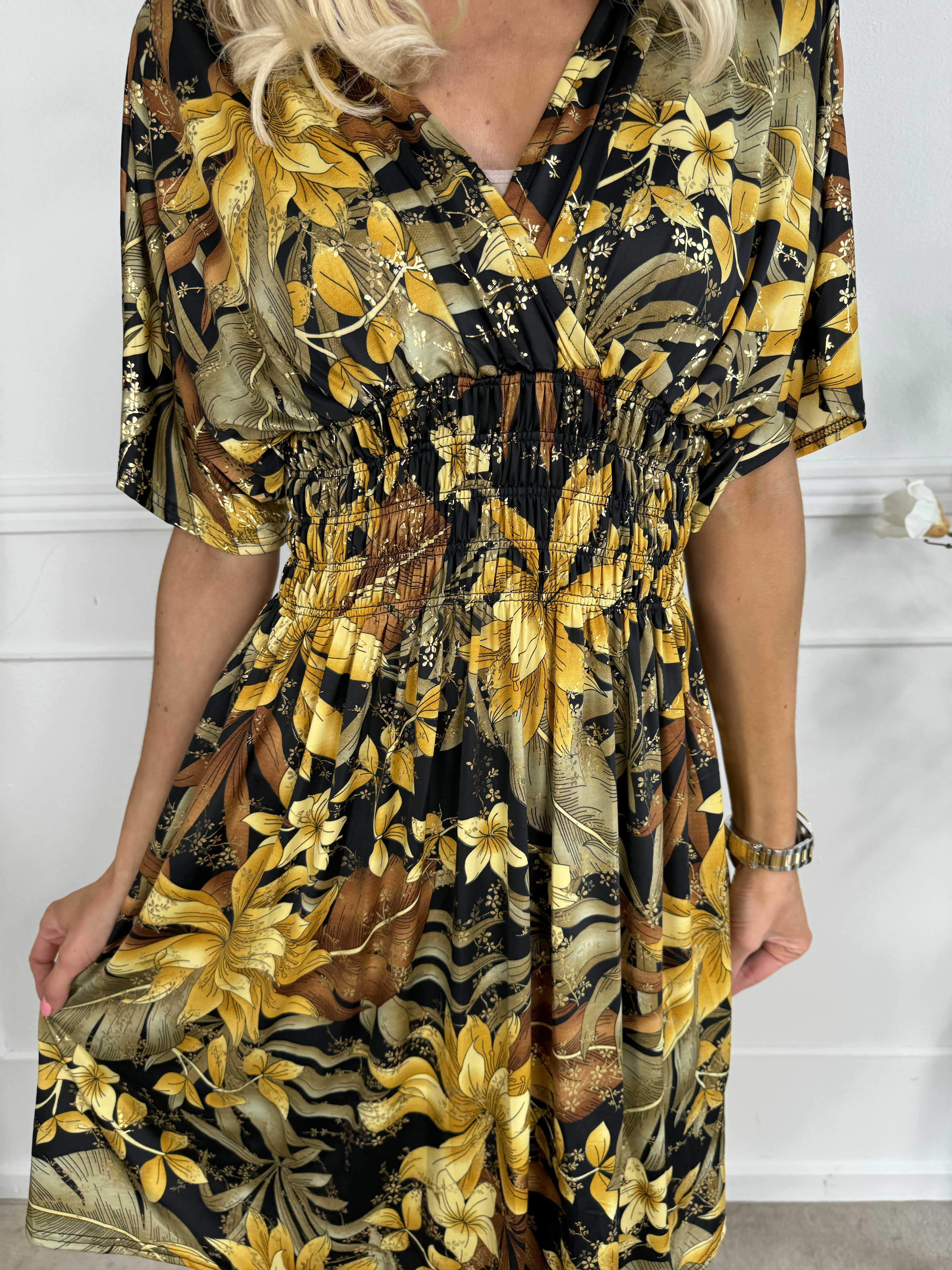 Pams Short S/S - Blommig klänning med resår och smock