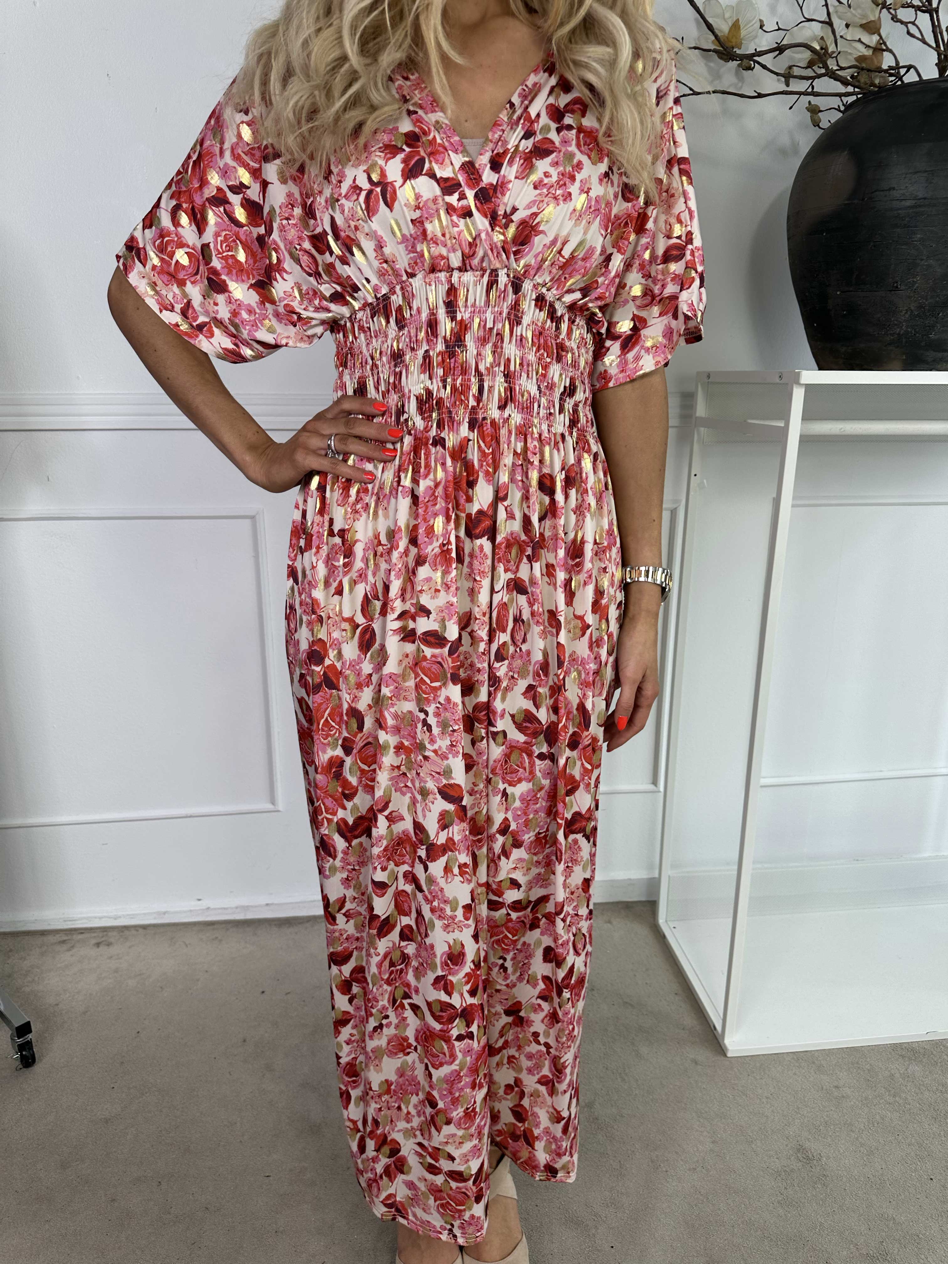 Pams Small Rose - Elastisk klänning med blommigt tryck och gulddetaljer