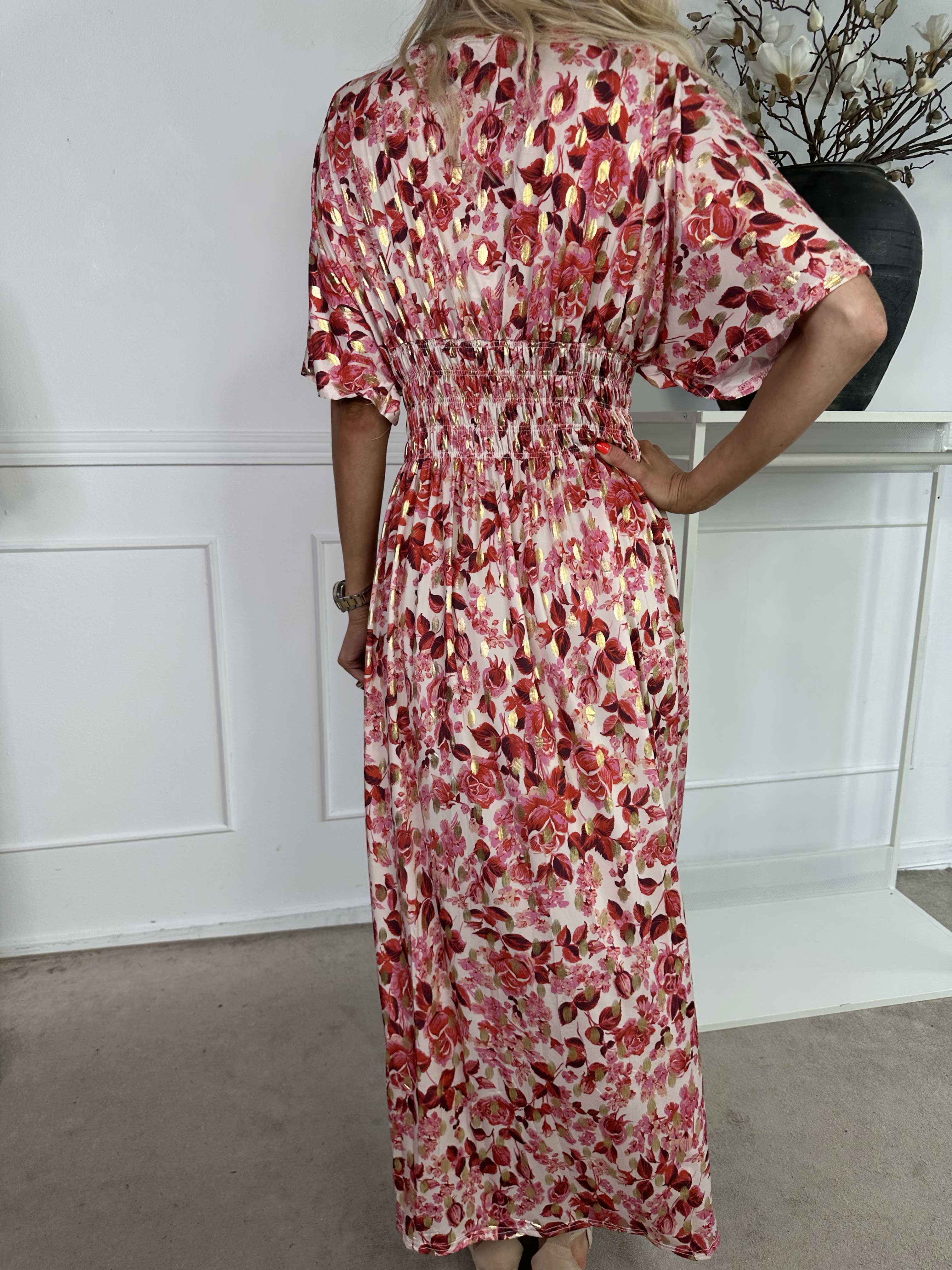 Pams Small Rose - Elastisk klänning med blommigt tryck och gulddetaljer