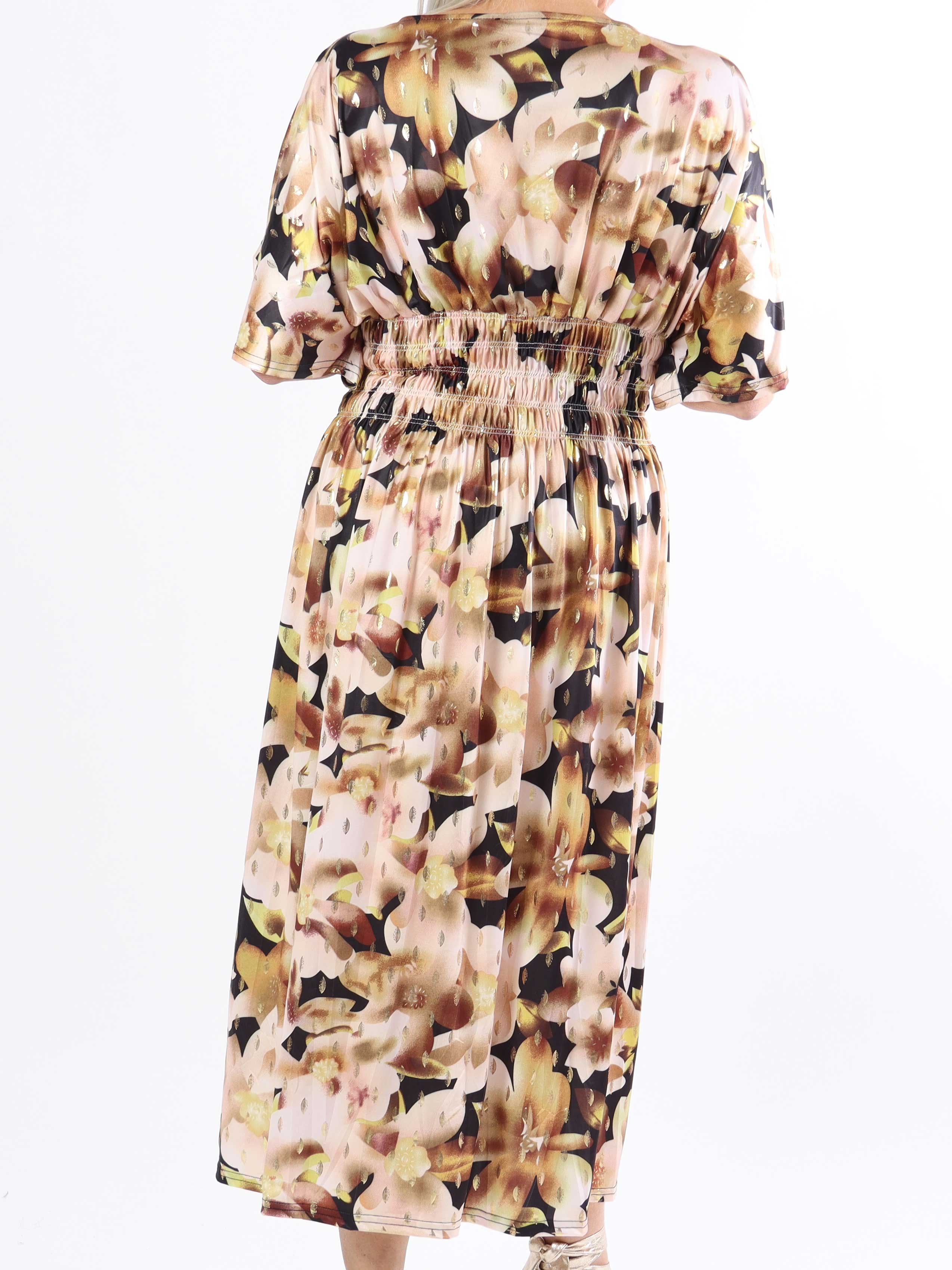 Pams Sweet Flower Midi - Elastisk plus size-klänning i skrynkelfritt tyg