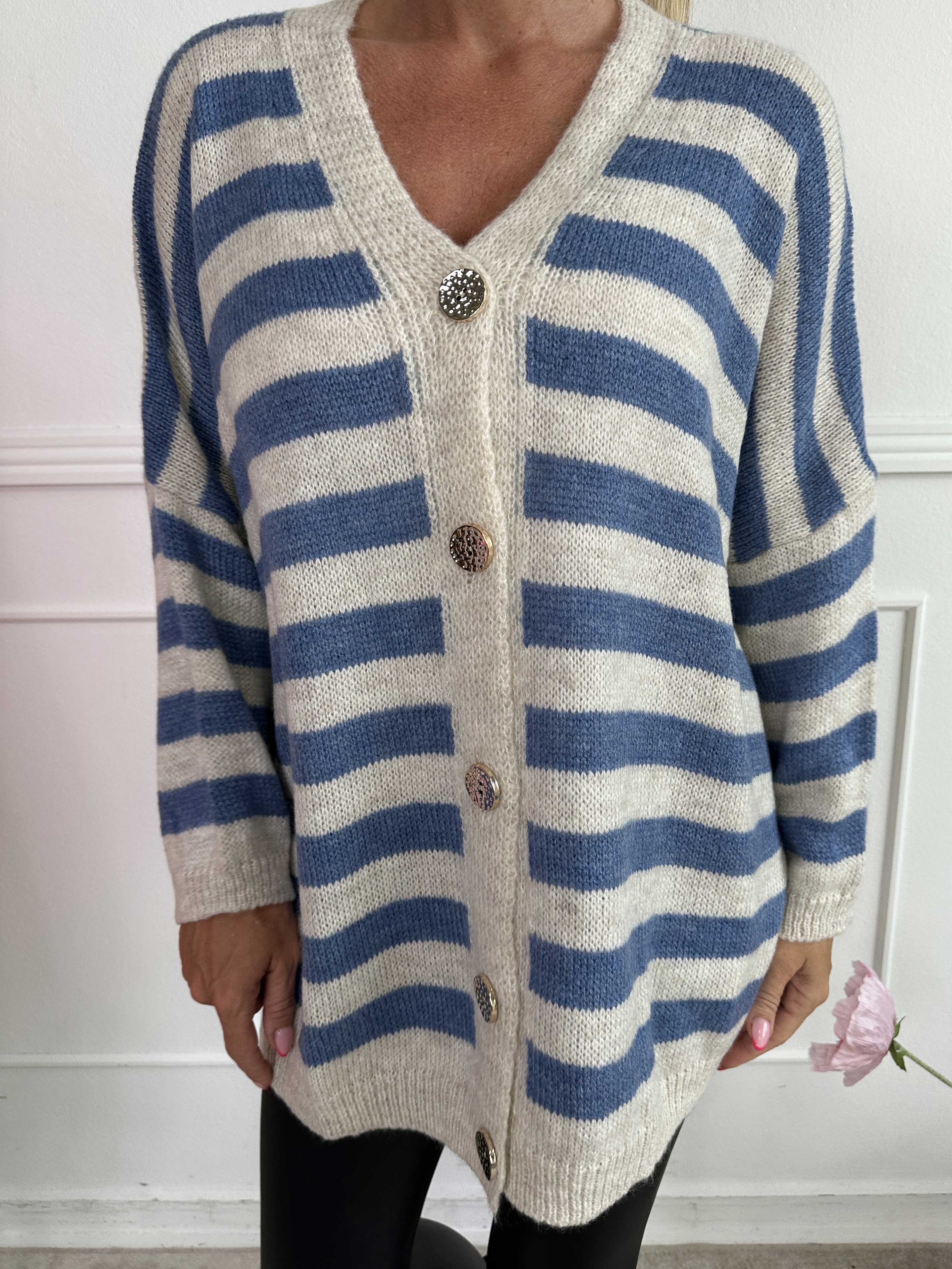 Parker - Randig stickad kofta med stora guldknappar