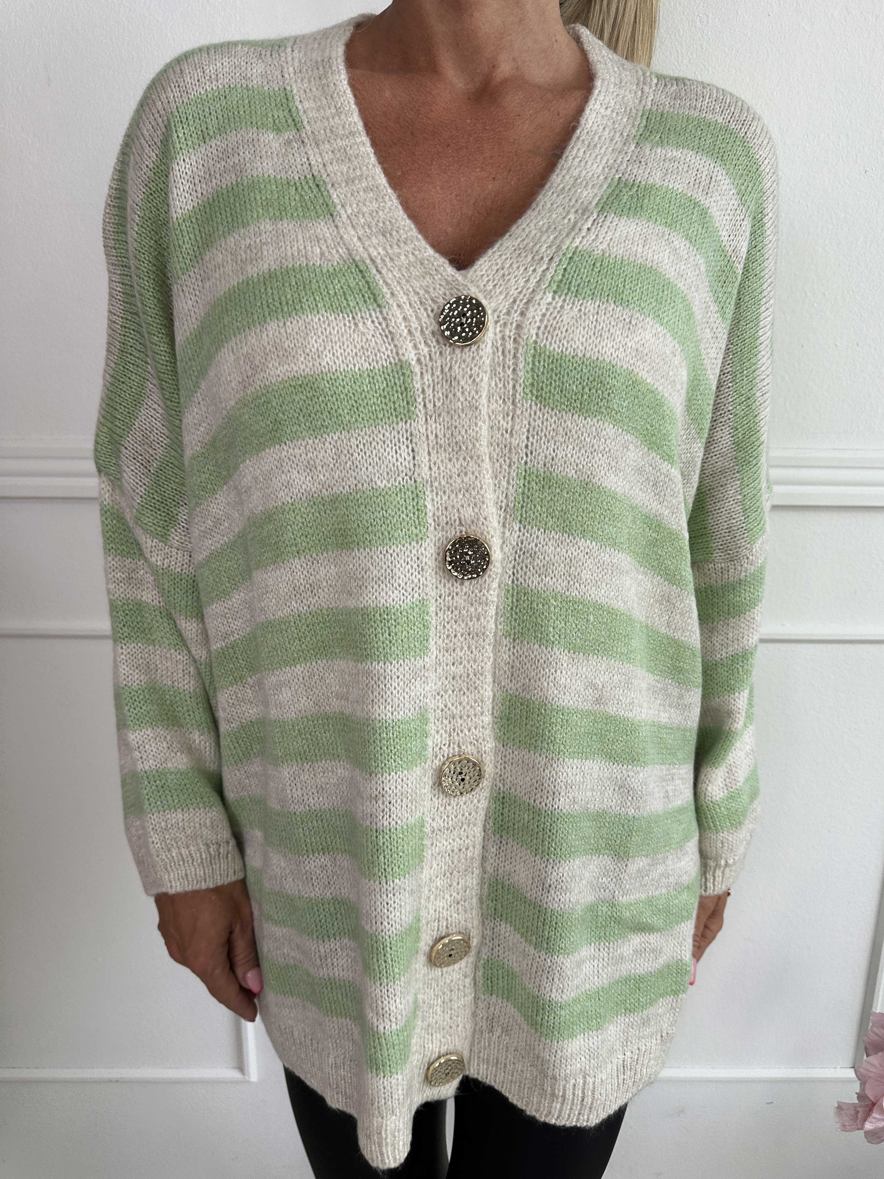 Parker - Randig stickad kofta med stora guldknappar