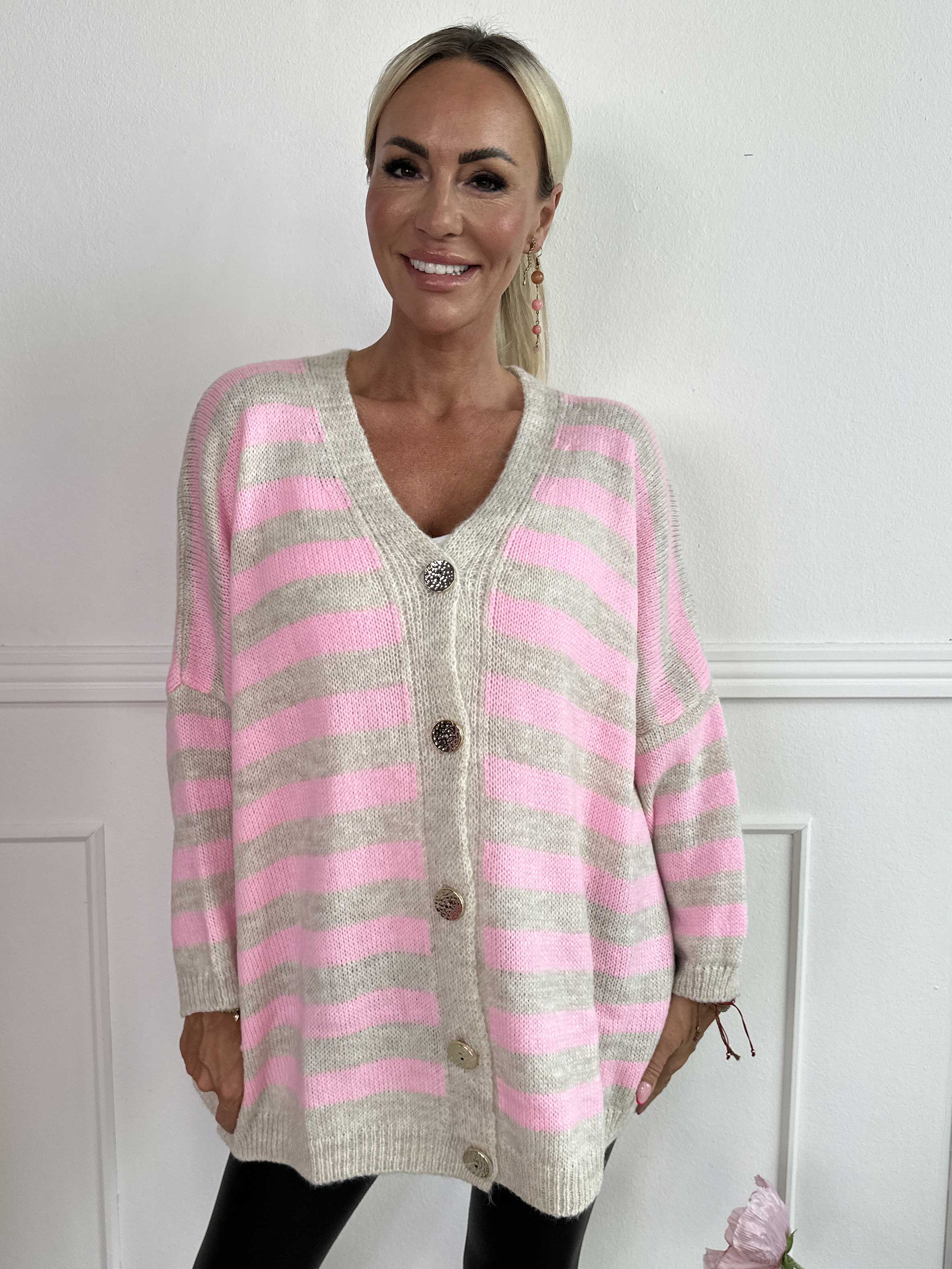 Parker - Randig stickad kofta med stora guldknappar