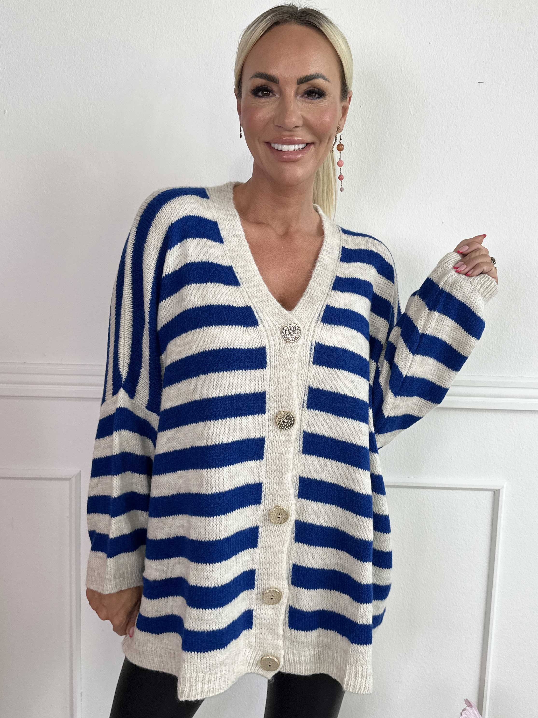 Parker - Randig stickad kofta med stora guldknappar