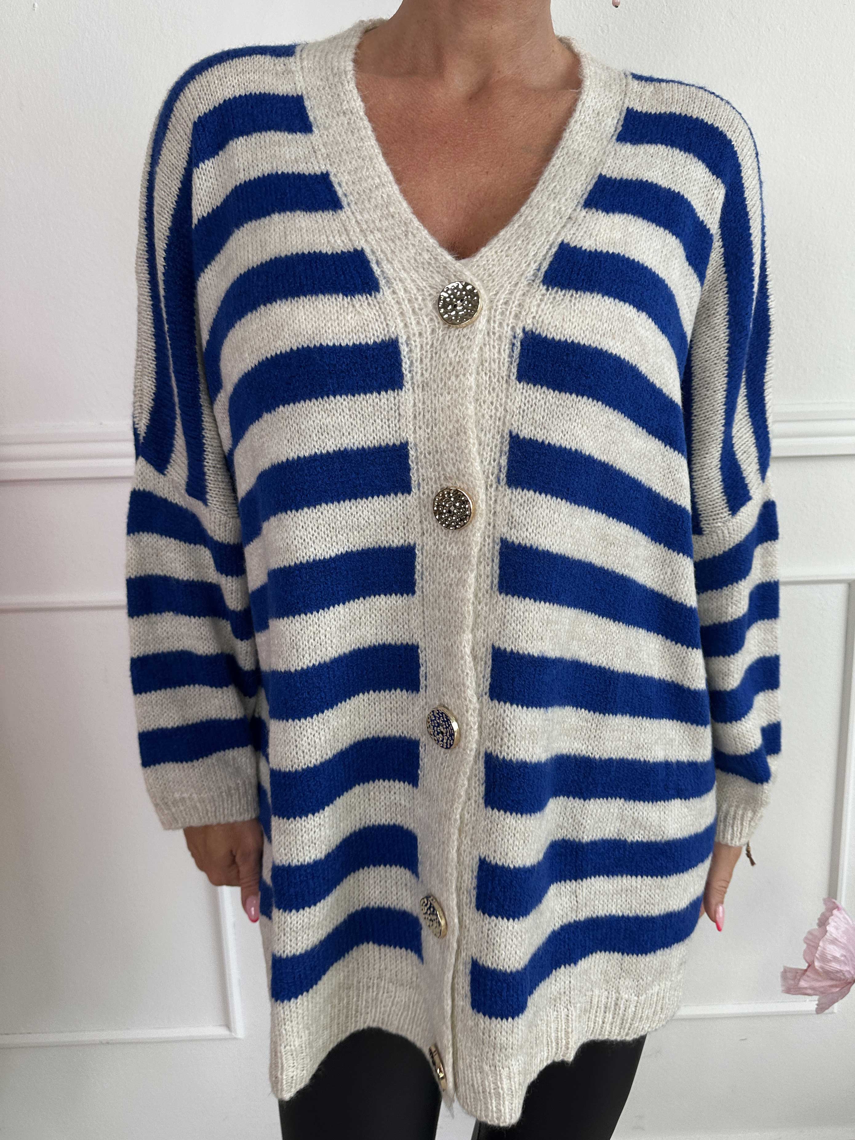 Parker - Randig stickad kofta med stora guldknappar