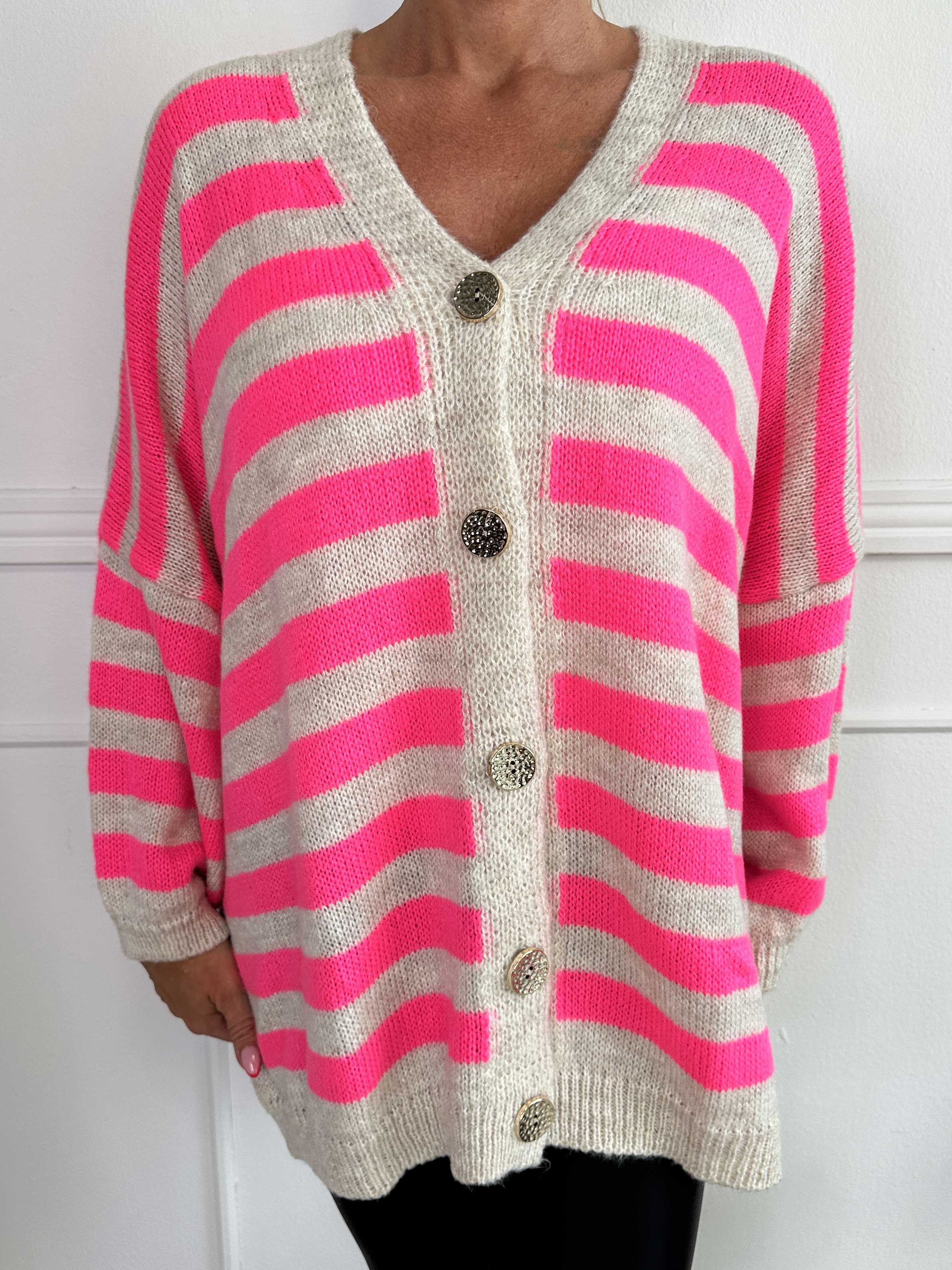 Parker - Randig stickad kofta med stora guldknappar