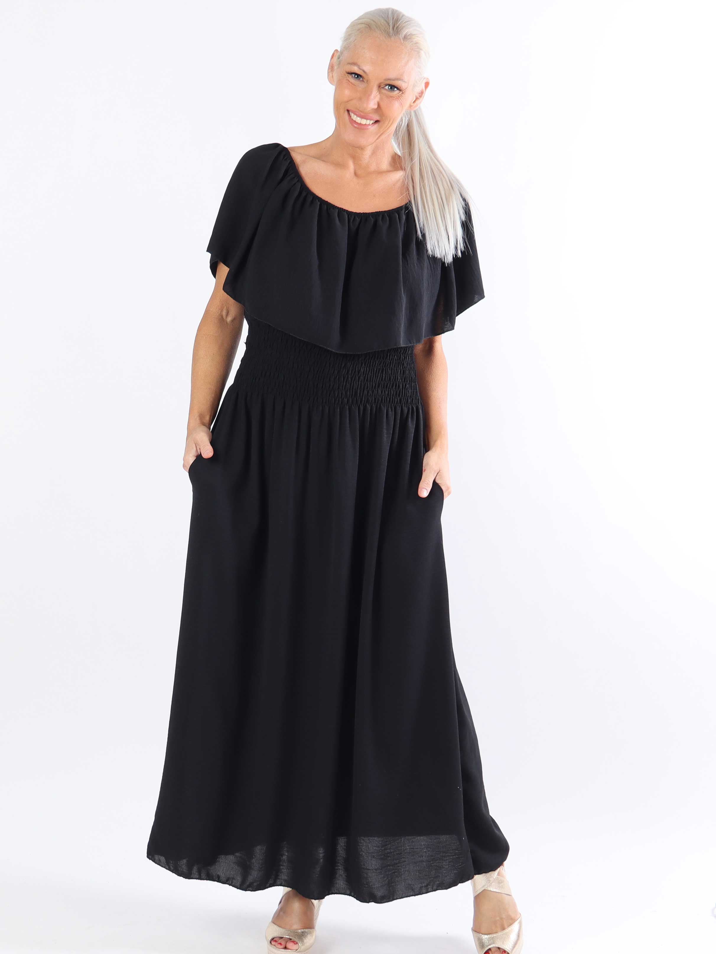 Rachel - Lång plus size-klänning med fickor och volang i nederkanten