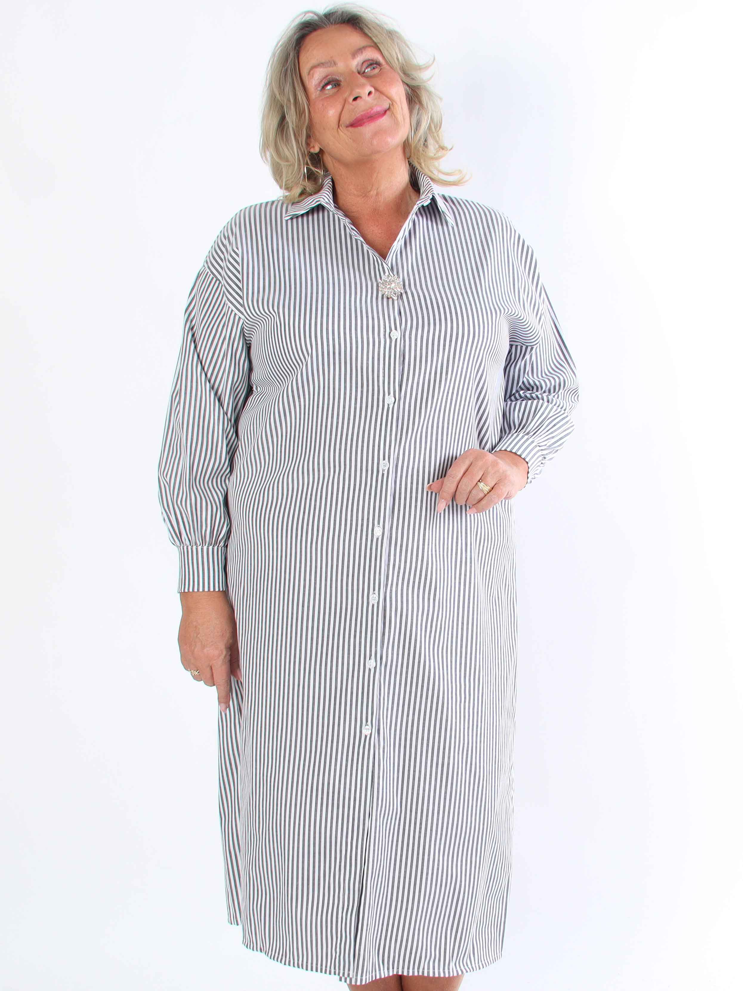 Raizal - Plus size randig skjortklänning i viskos med brosch