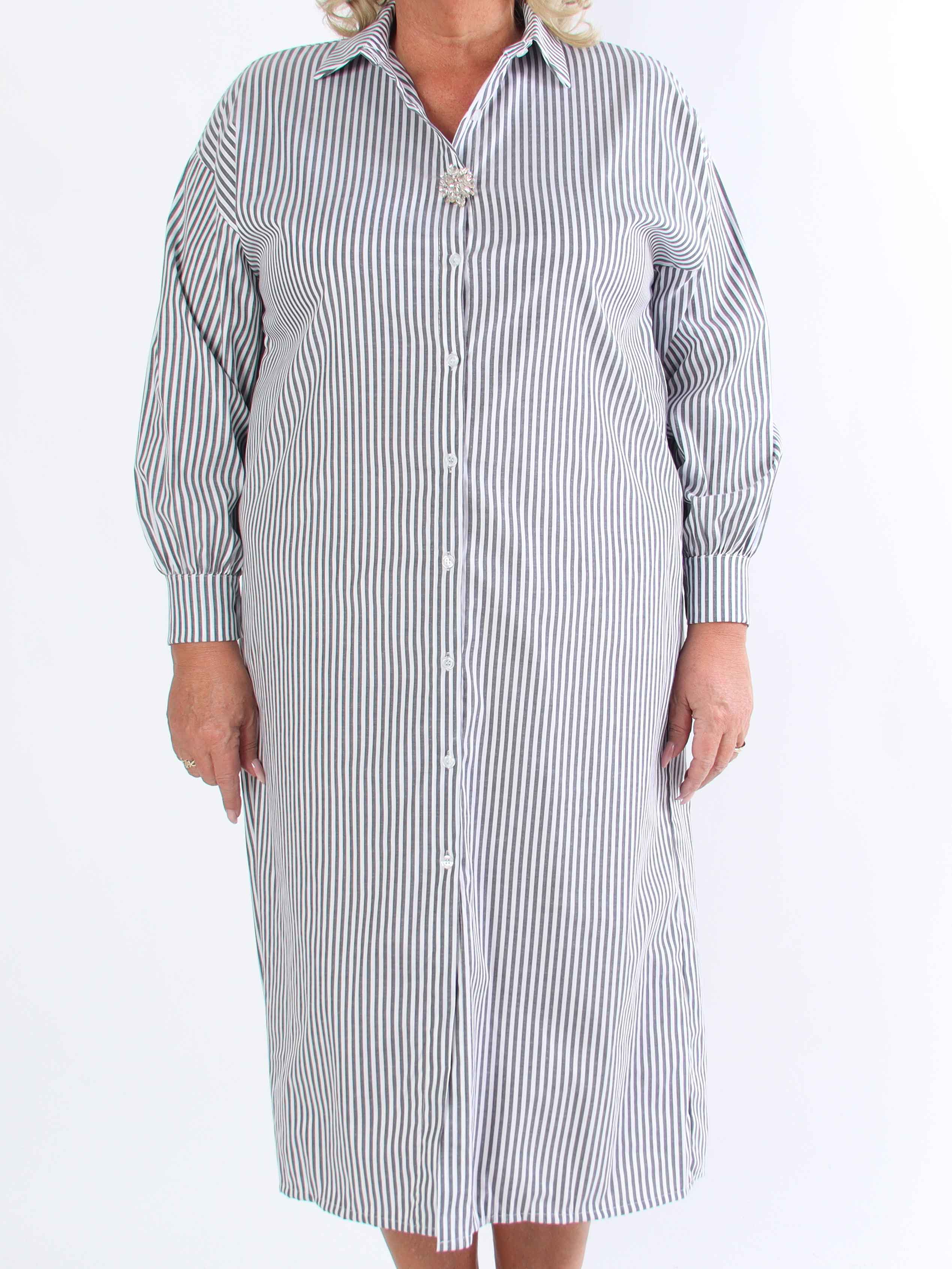 Raizal - Plus size randig skjortklänning i viskos med brosch