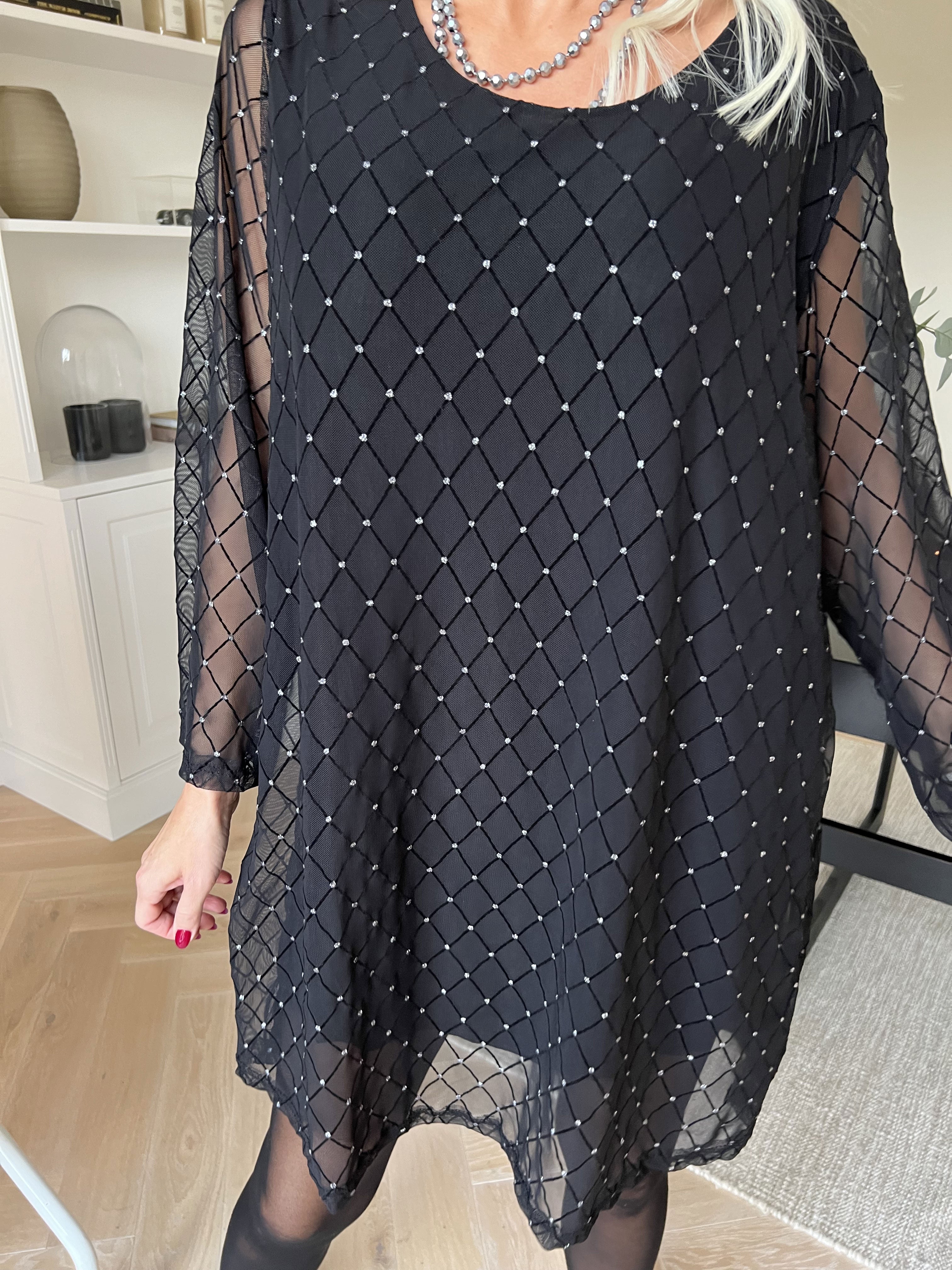 Ritte - Långärmad meshklänning med glitterdetaljer