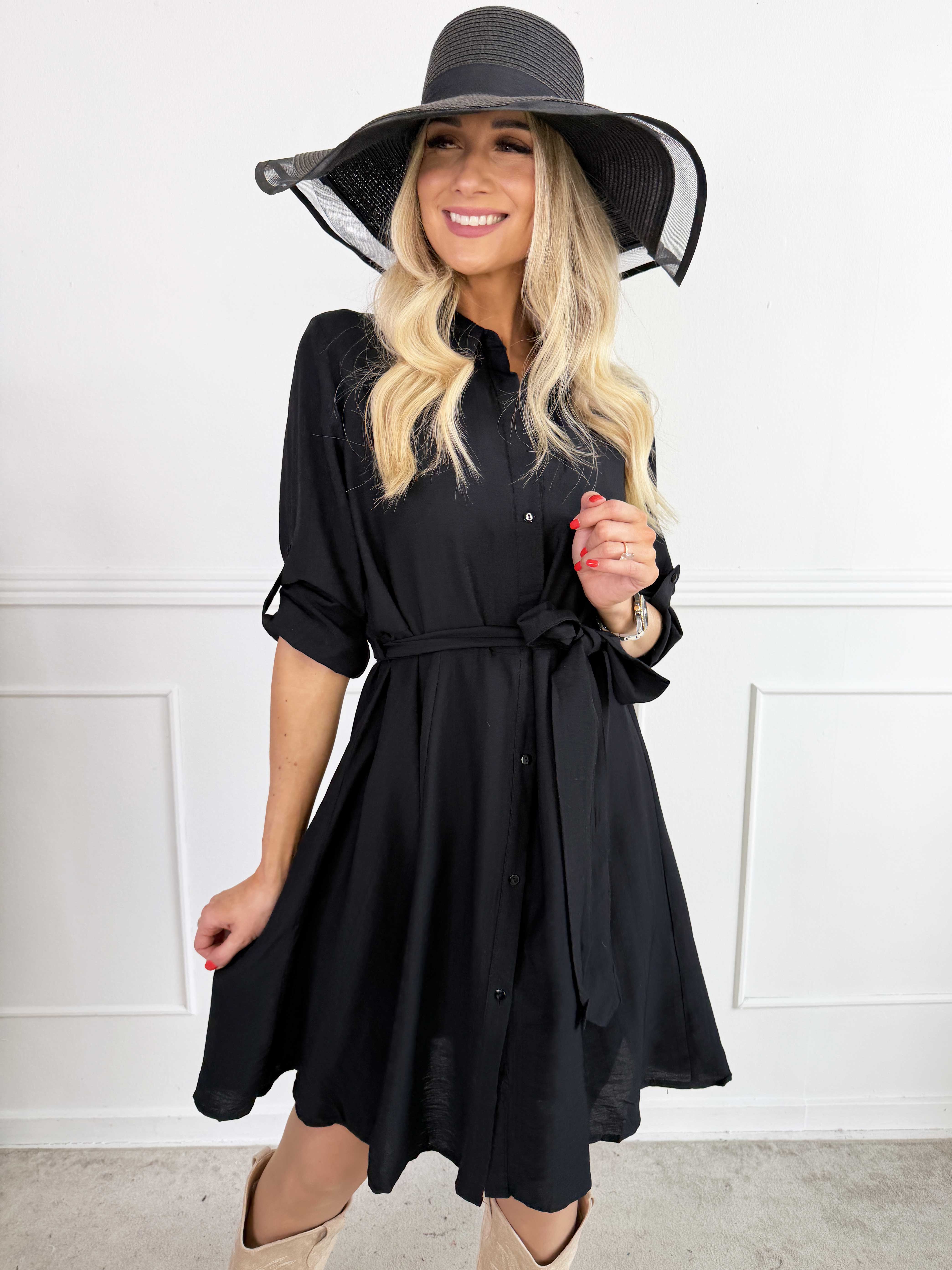 Roberta - Simpel skjortekjole i viskose med bånd i taljen