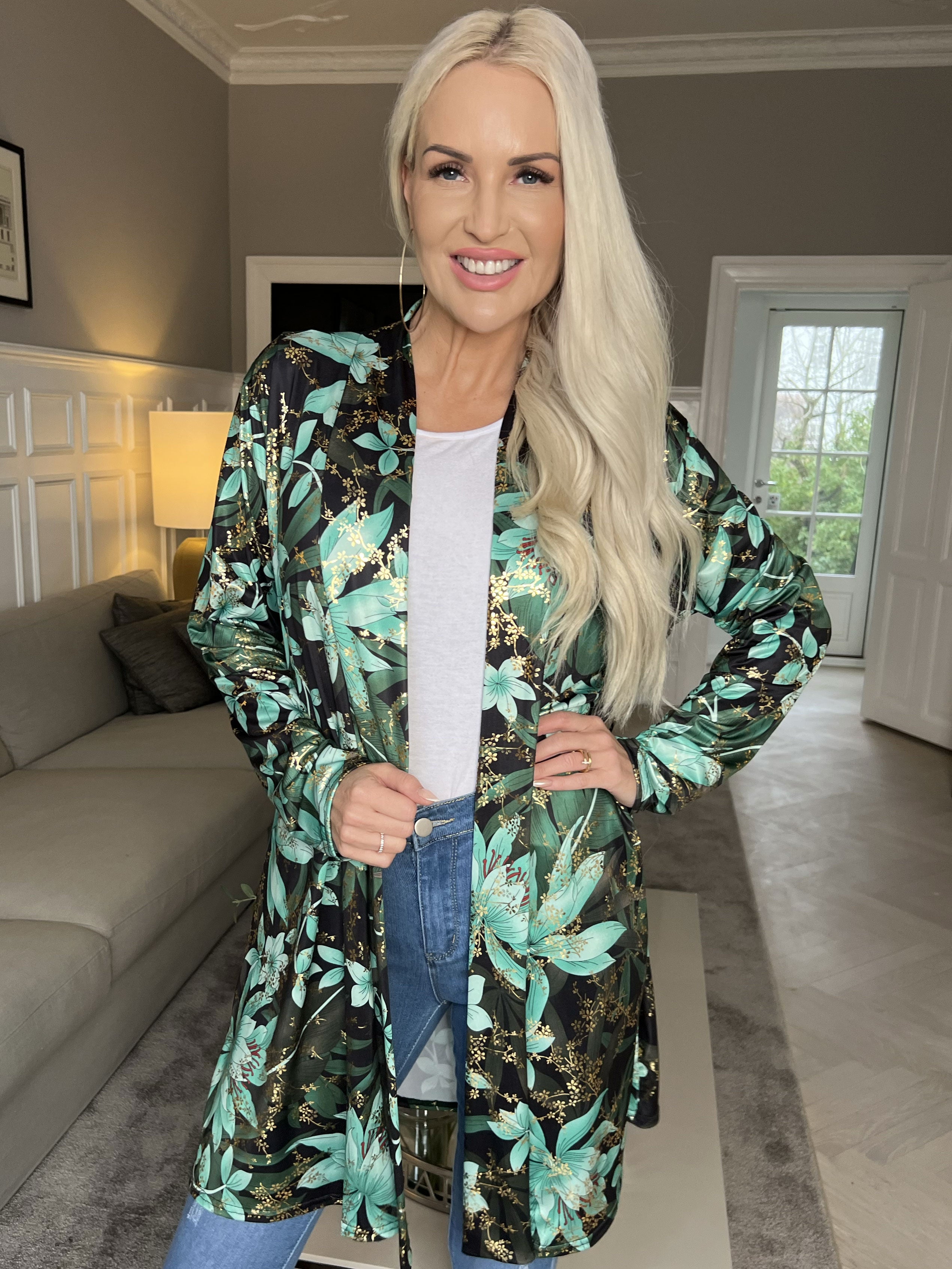 Rosa Gold Flower - Elastisk cardigan med tryck