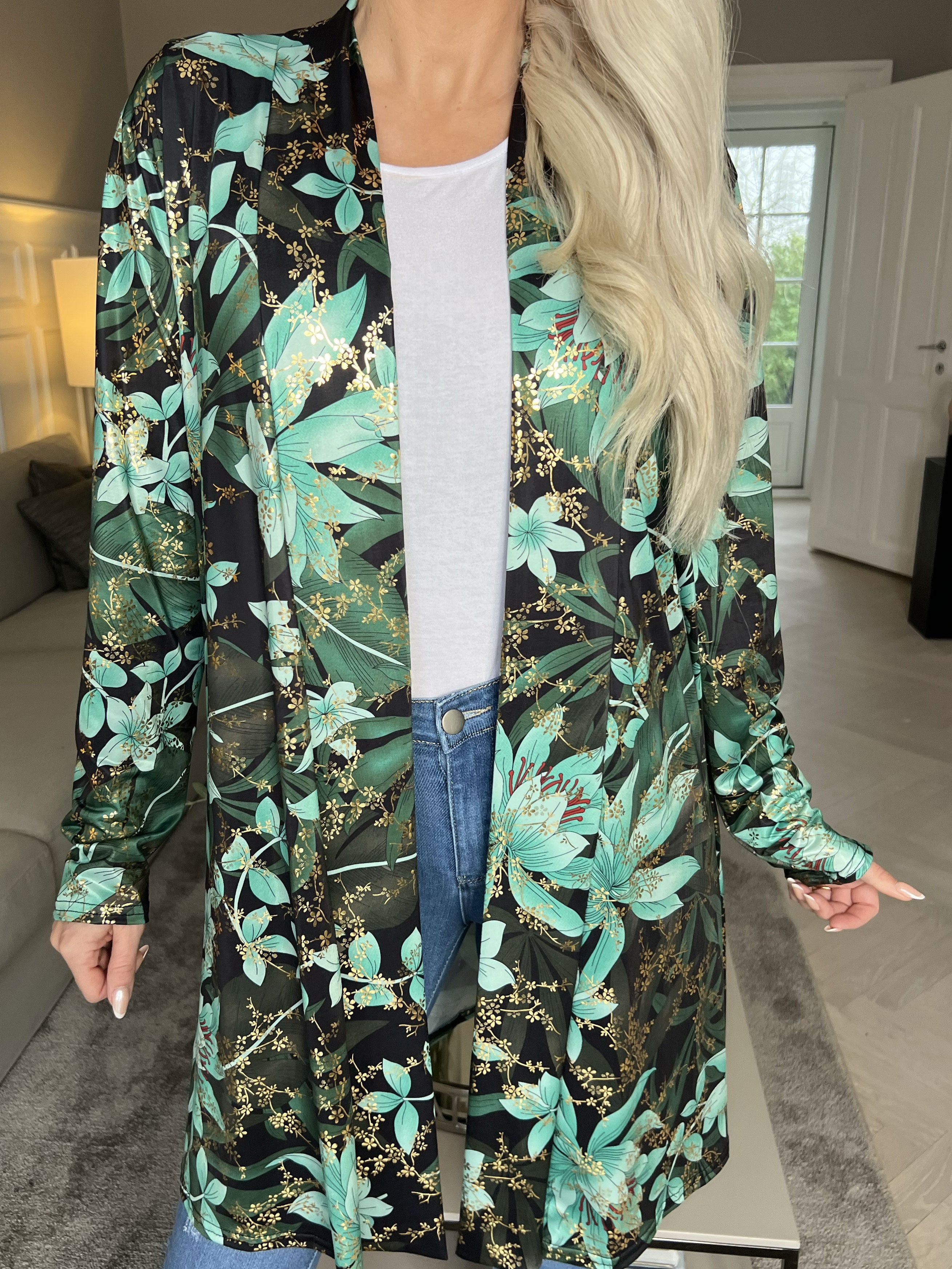 Rosa Gold Flower - Elastisk cardigan med tryck