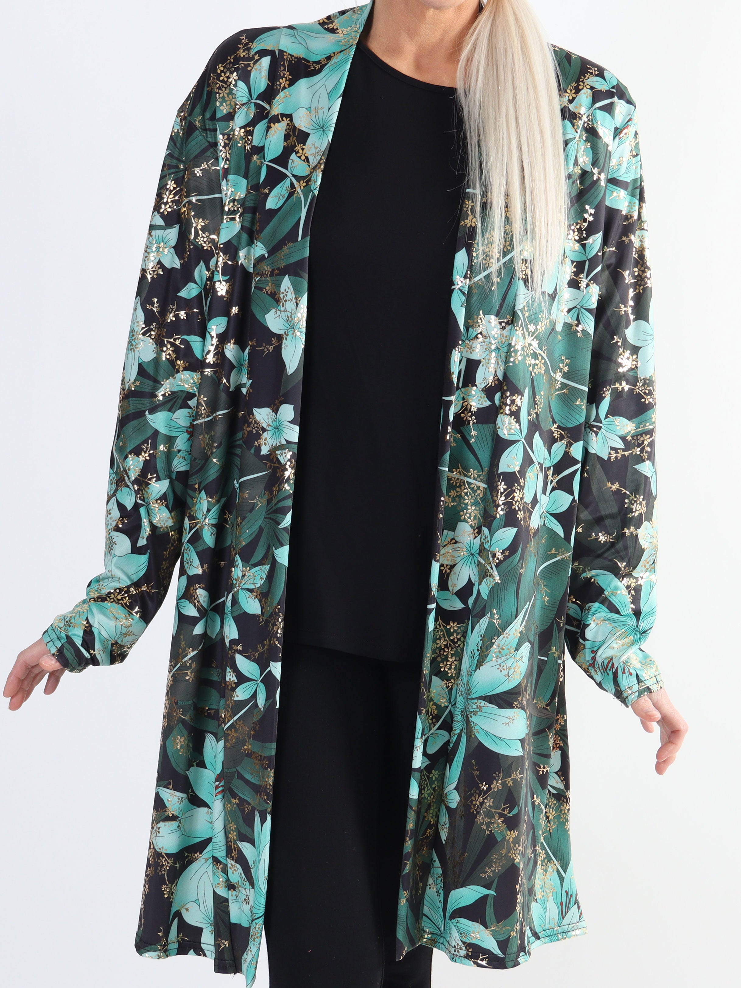 Rosa Gold Flower - Elastisk plus size cardigan med tryck