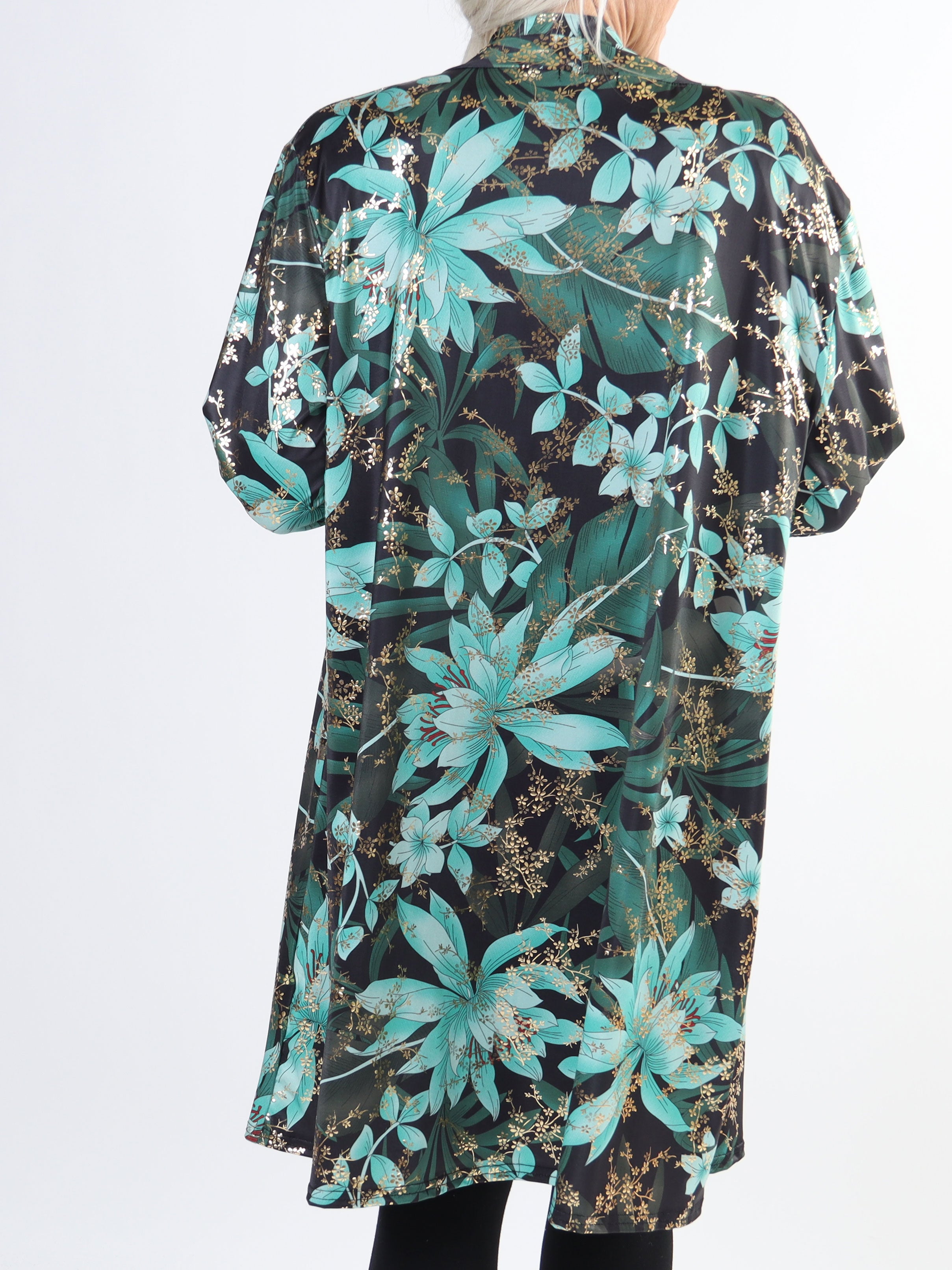 Rosa Gold Flower - Elastisk plus size cardigan med tryck