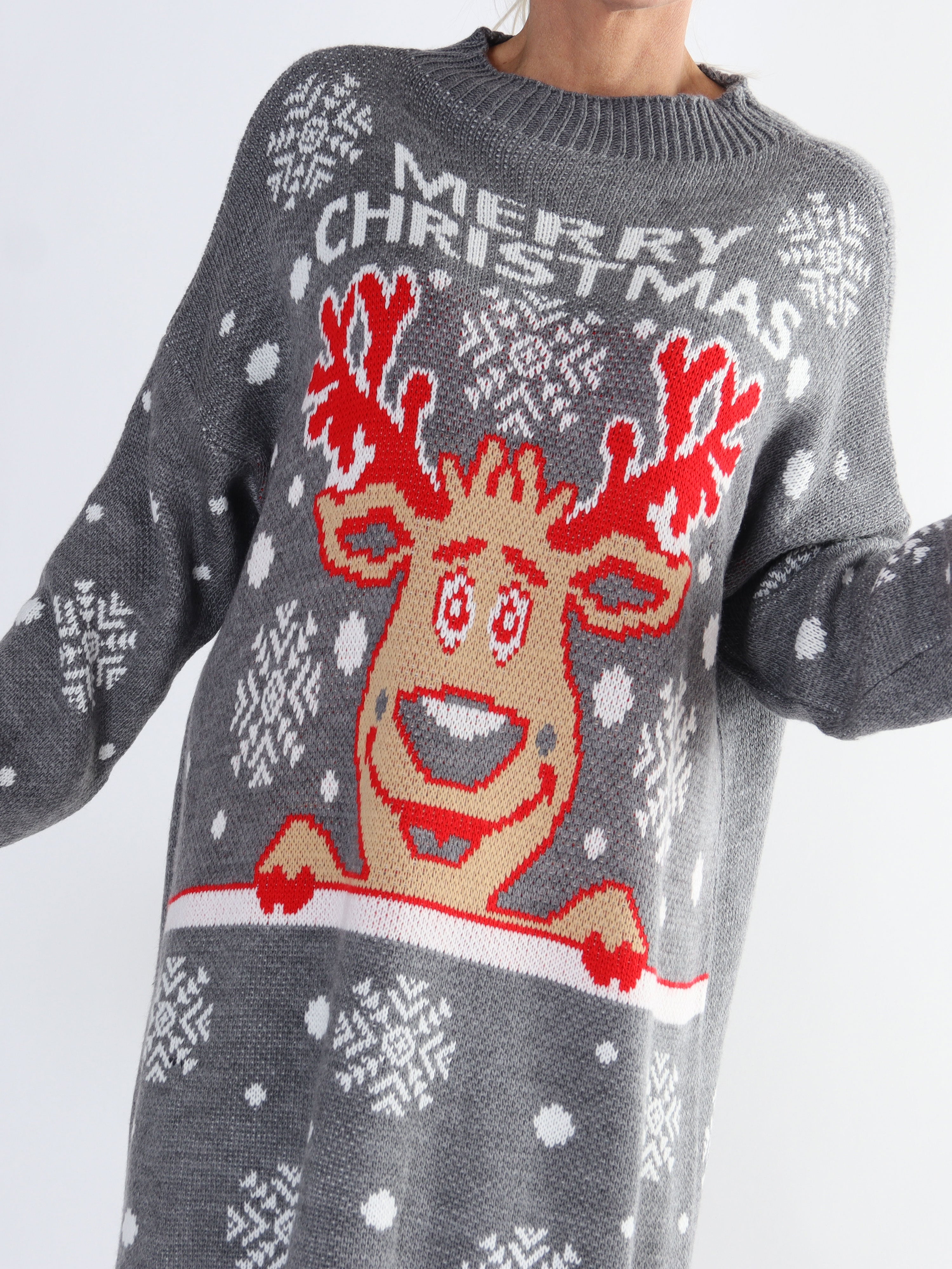 Rudolf - Stickad julklänning i plus size med rudolfmotiv