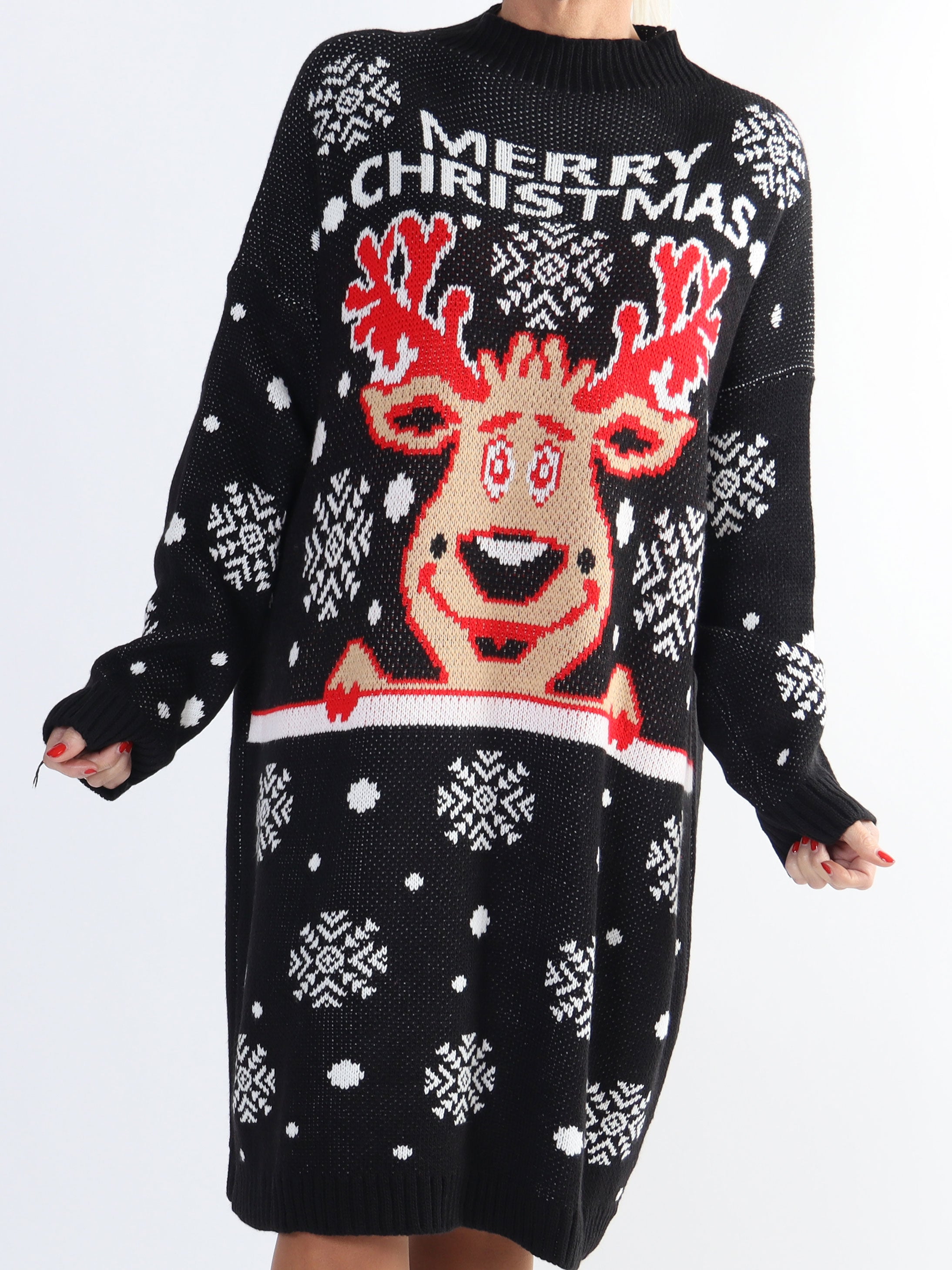 Rudolf - Stickad julklänning i plus size med rudolfmotiv