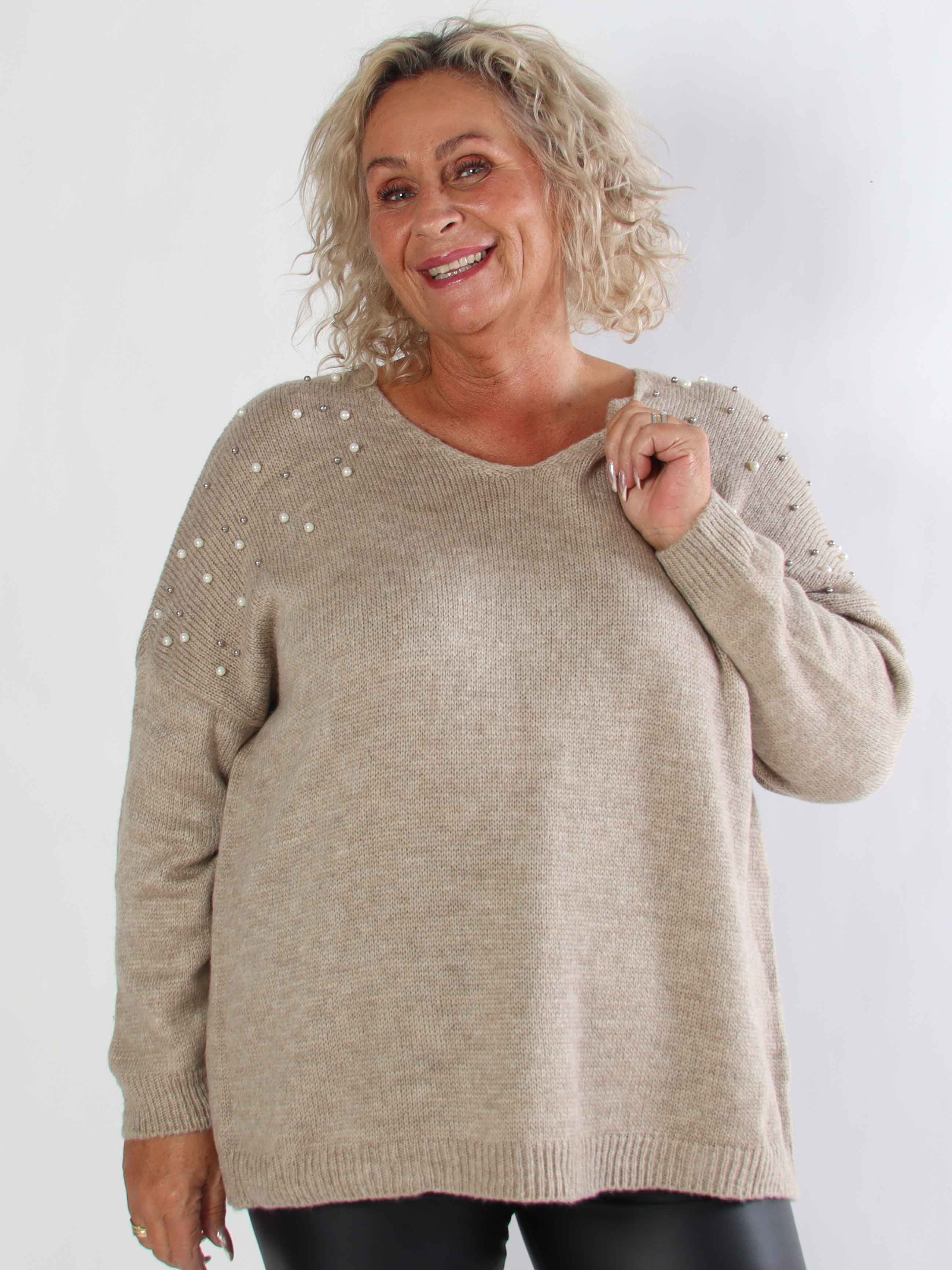 Rydika - Enfärgad stickad tröja dekorerad med fina pärlor