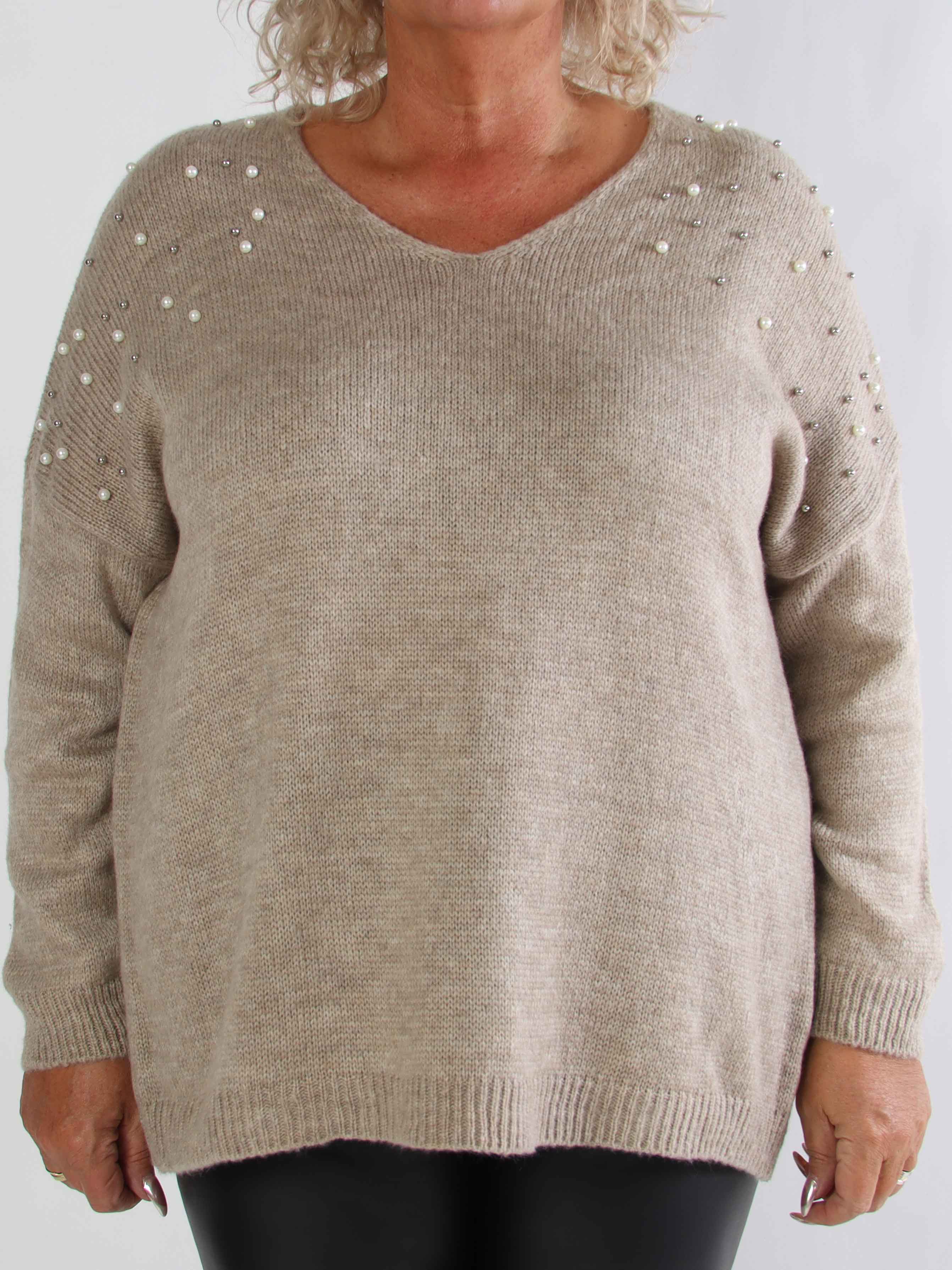 Rydika - Enfärgad stickad tröja dekorerad med fina pärlor