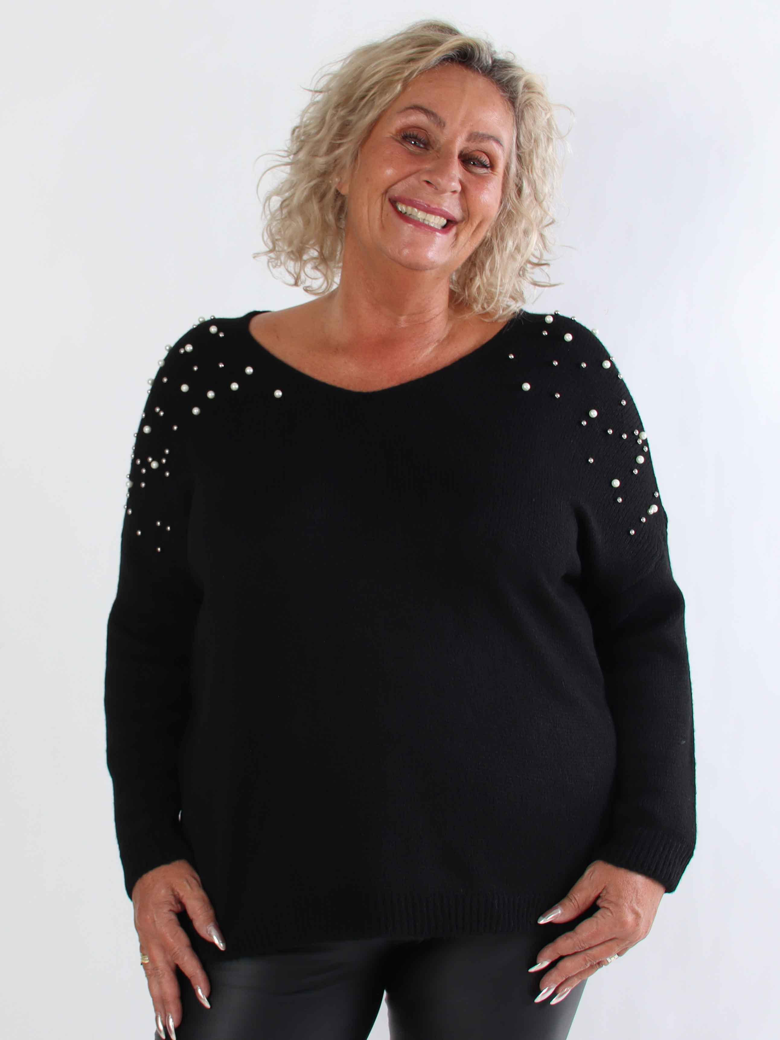 Rydika - Enfärgad stickad tröja dekorerad med fina pärlor