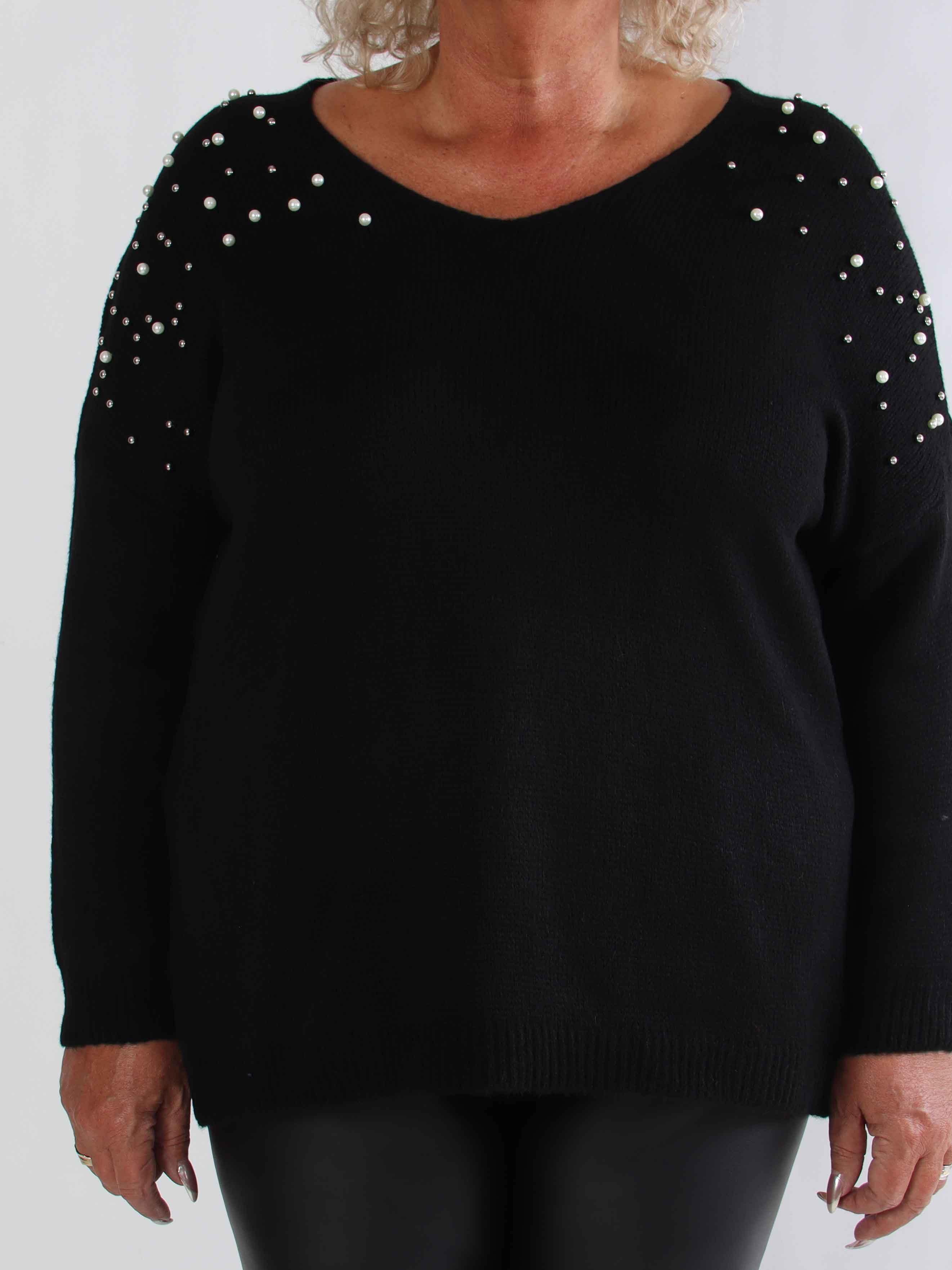 Rydika - Enfärgad stickad tröja dekorerad med fina pärlor