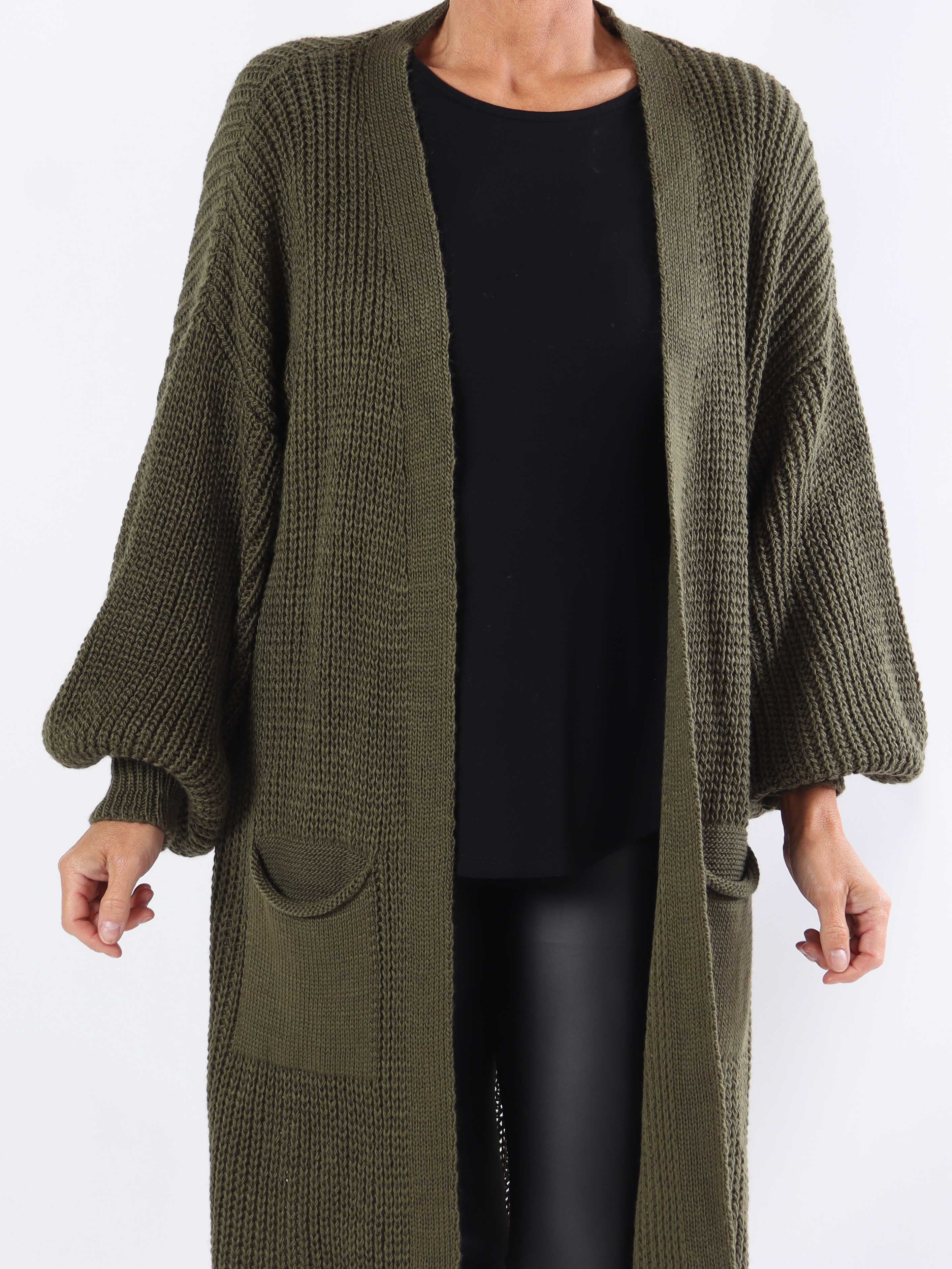 Sally Midi - Stickad kofta i plus size med ballongärmar och fickor