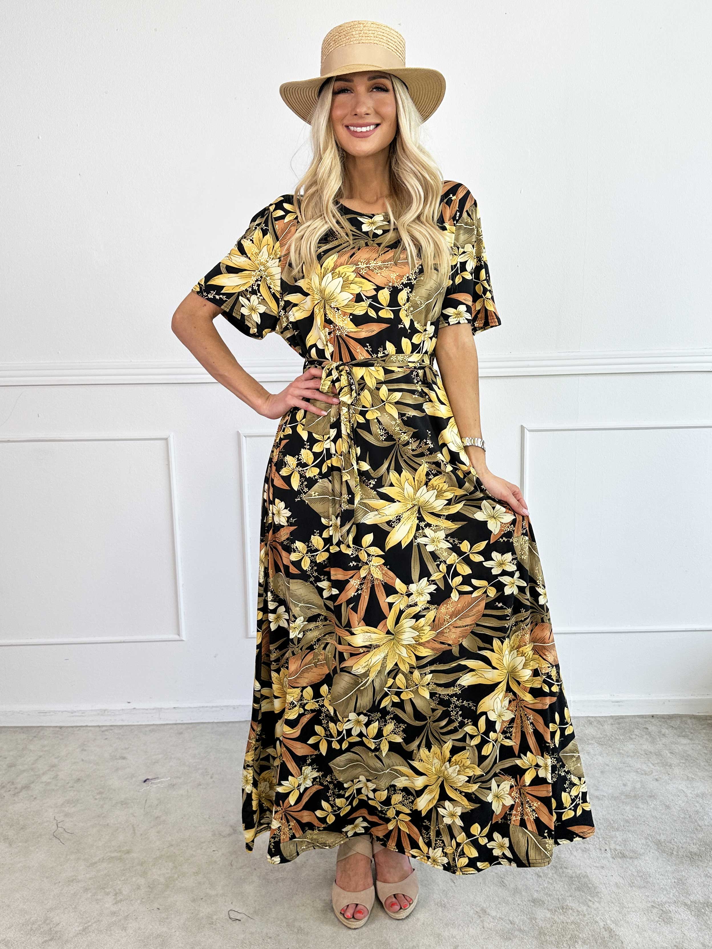 Sansa - Lång elastisk blommig klänning med knytband