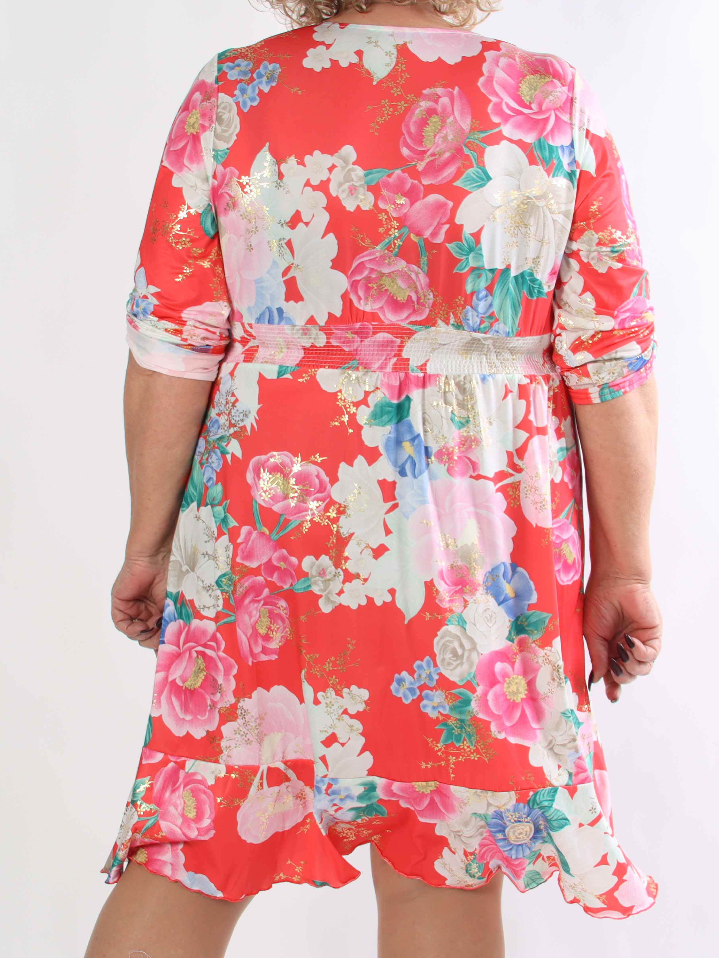 Savina Flower - Blomstret elastisk plus size kjole i slå-om-look