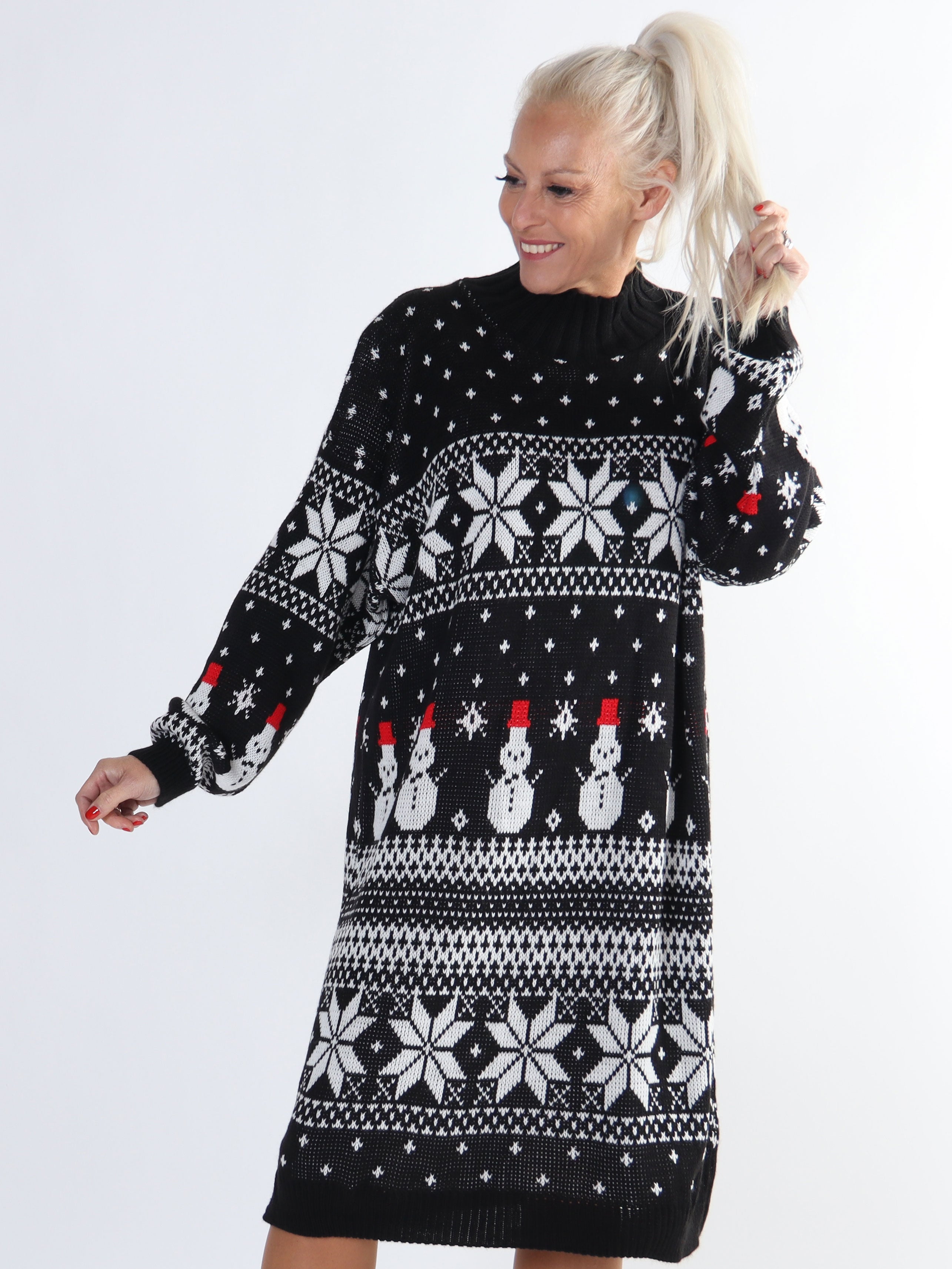 Snowman - Stickad julklänning i plus size med snögubbar och snöflingor