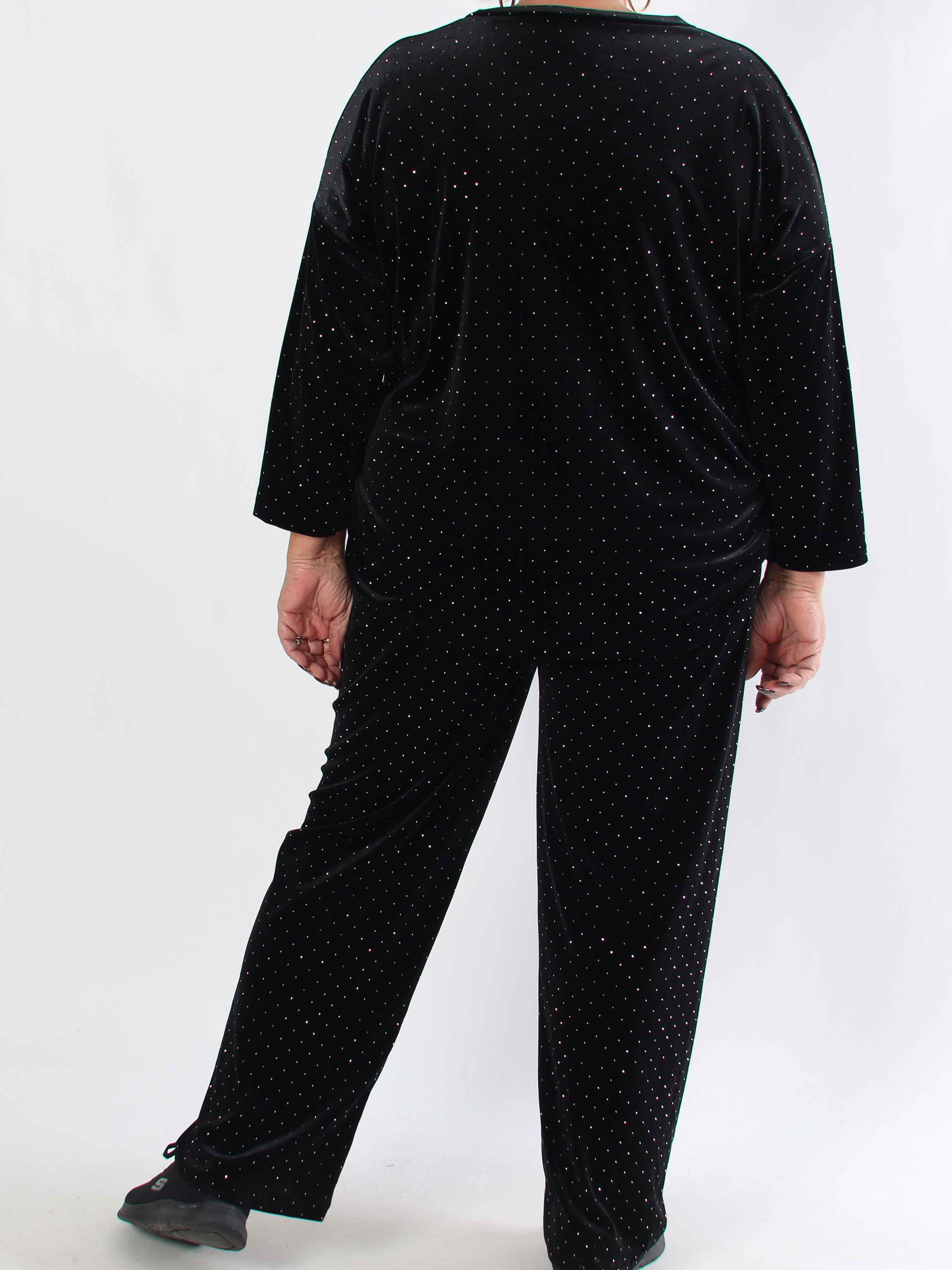 Sparkling - Blødt velour plus size sæt med skinnede sten