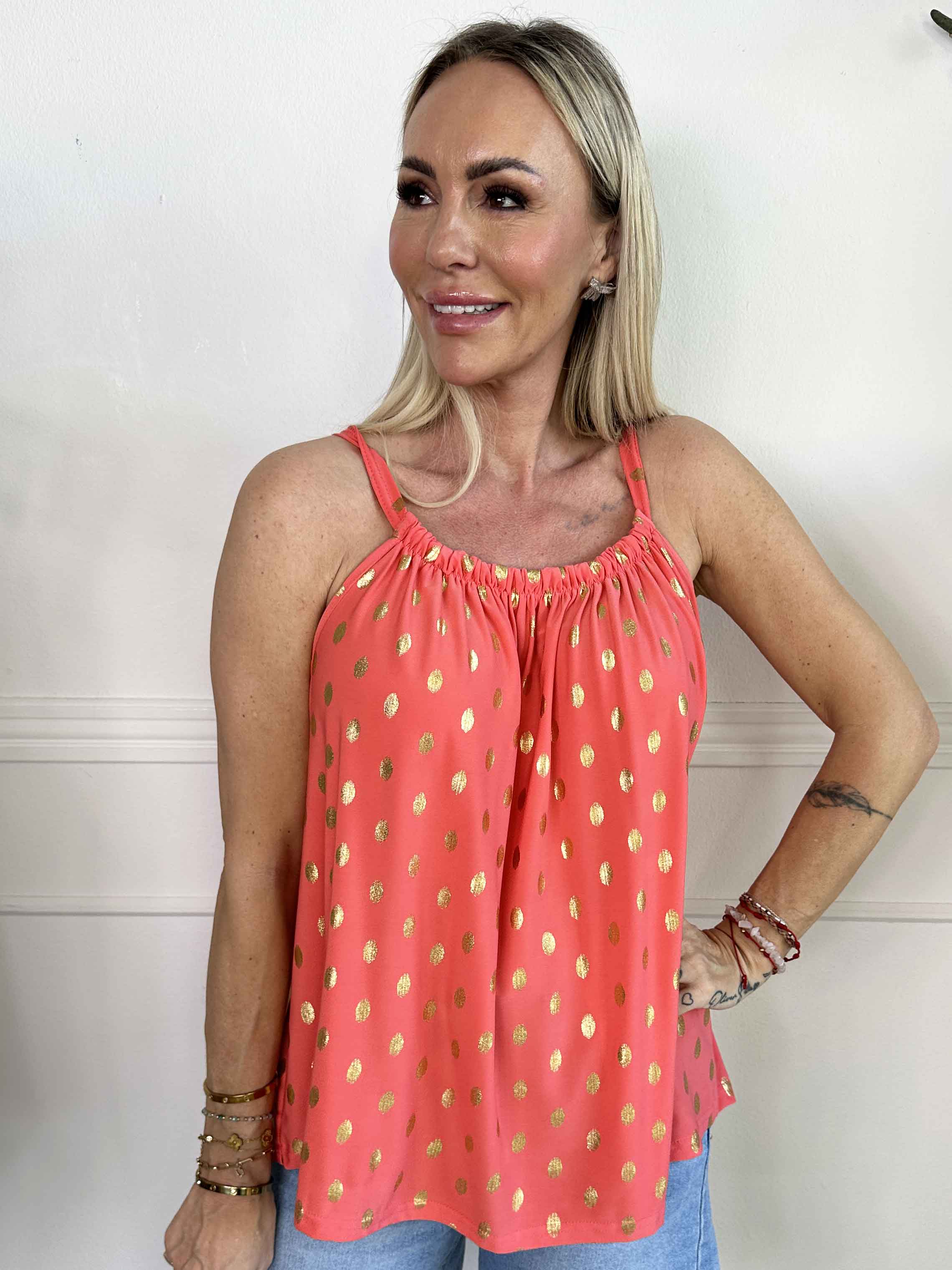 Sunlove Dot Top - Topp med elastiskt band och guldprickar