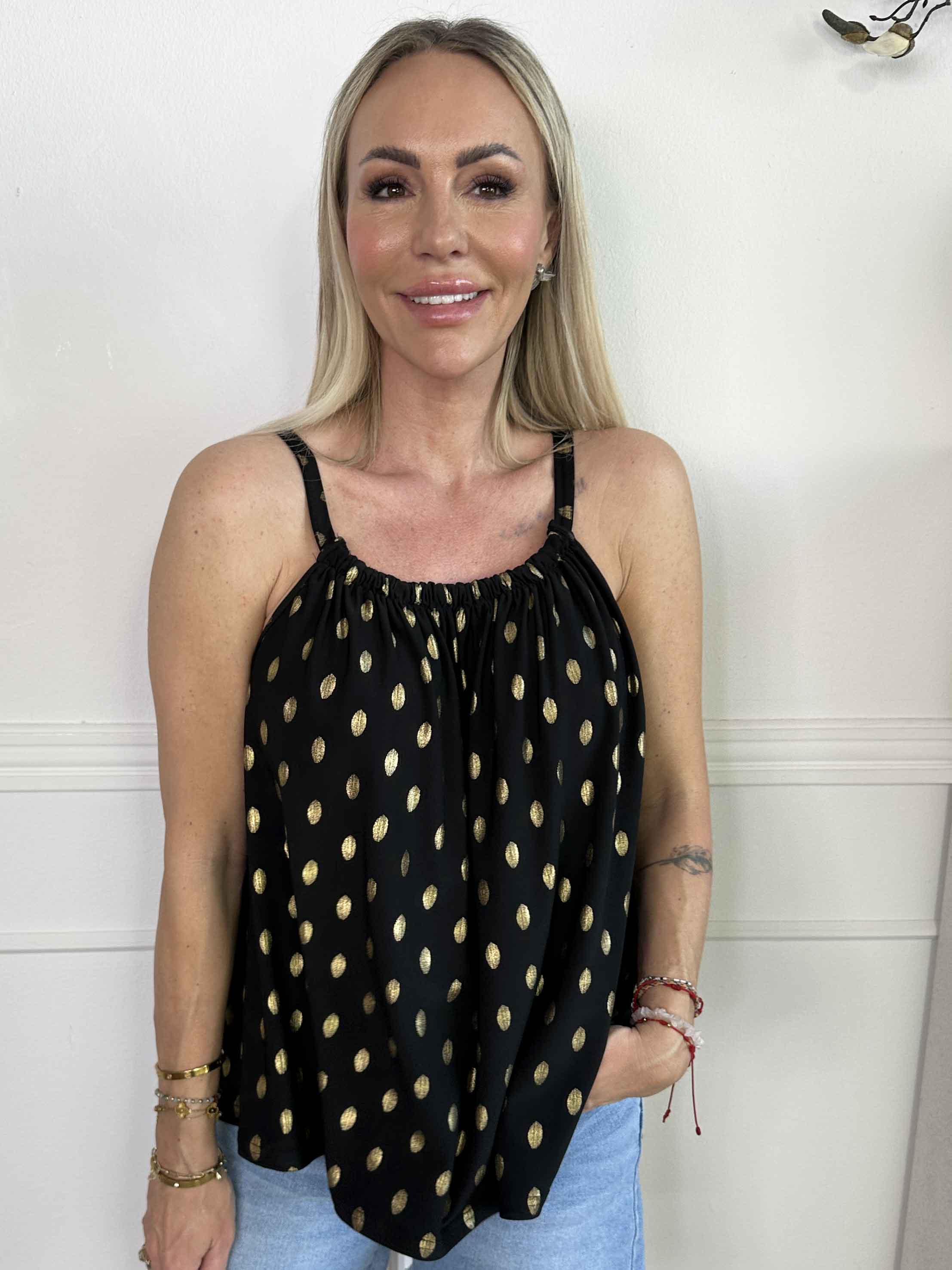 Sunlove Dot Top - Topp med elastiskt band och guldprickar