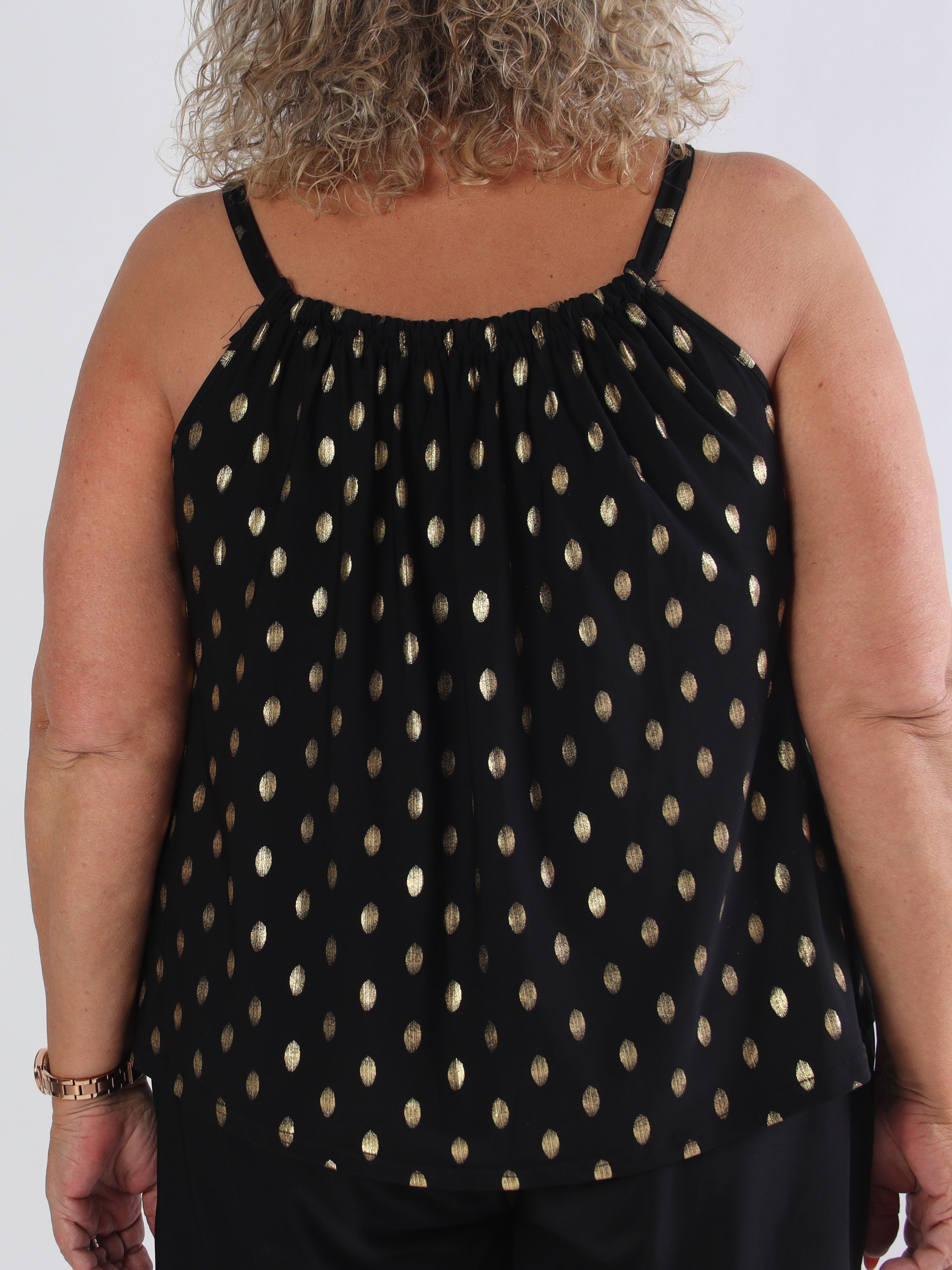 Sunlove Dot Top - Elastisk plus size-topp med band och guldprickar