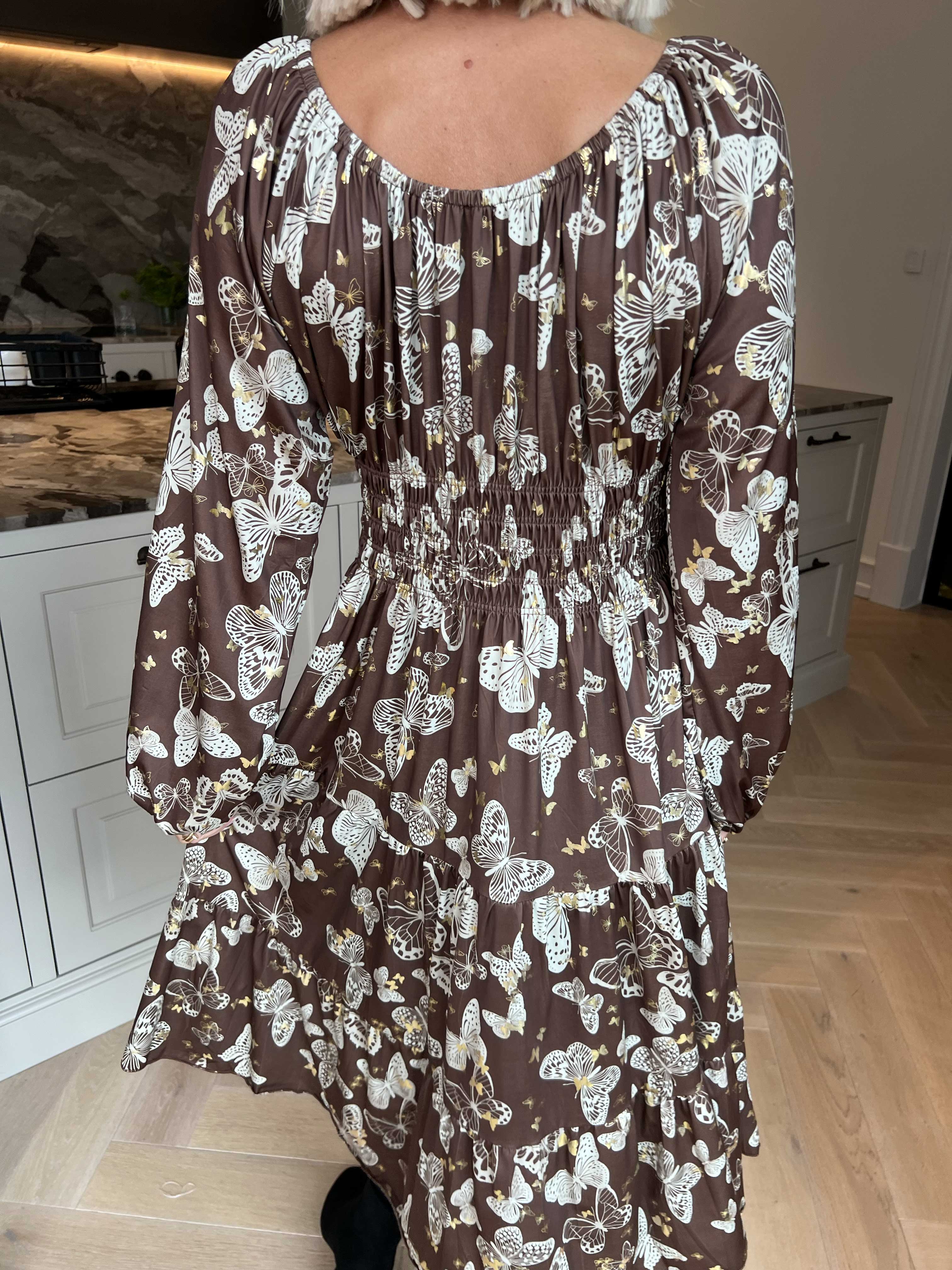Tea Butterfly L/S - Klänning med resår i midjan och fjärilstryck
