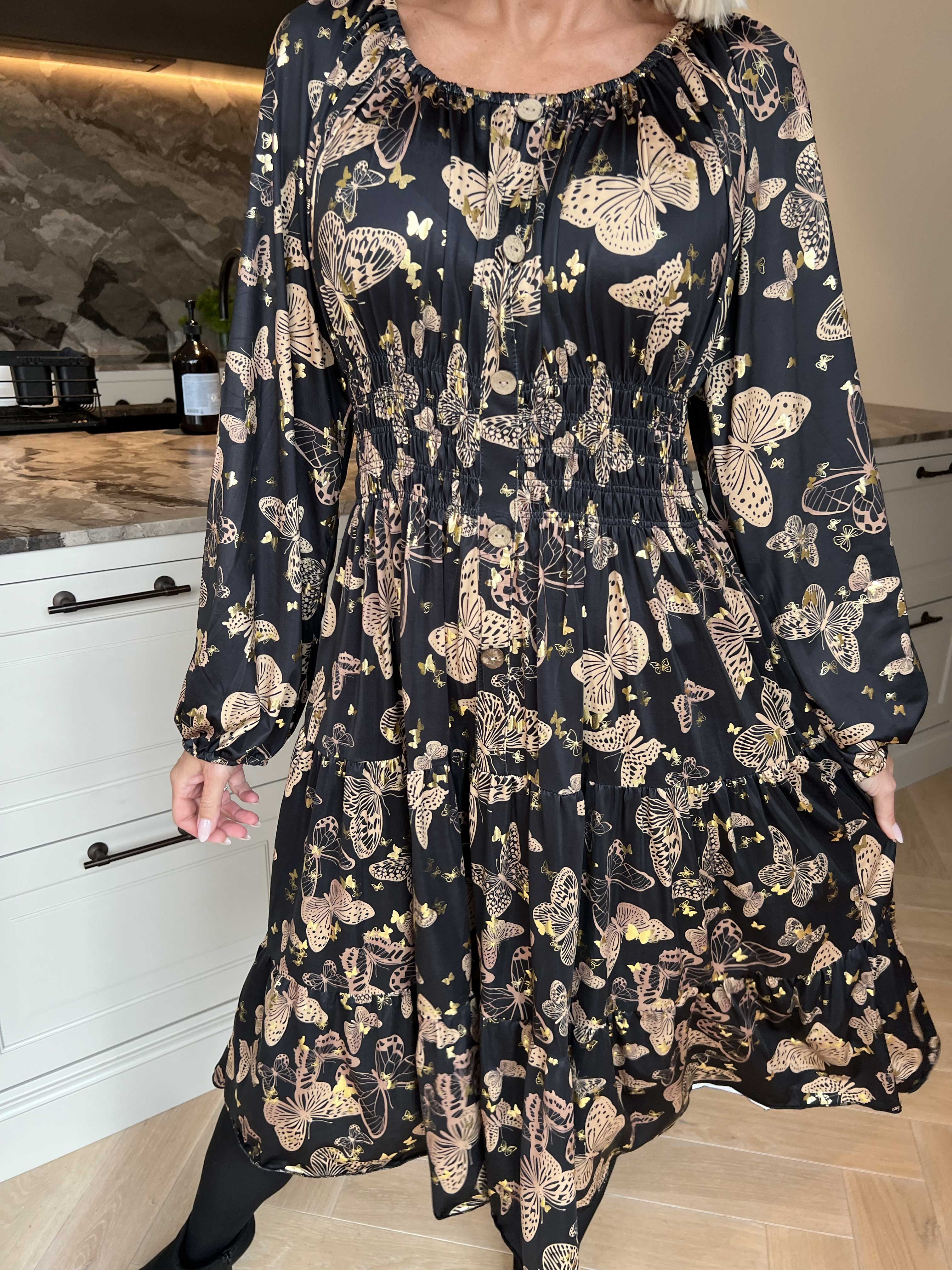 Tea Butterfly L/S - Plus Size klänning med resår i midjan och fjärilstryck
