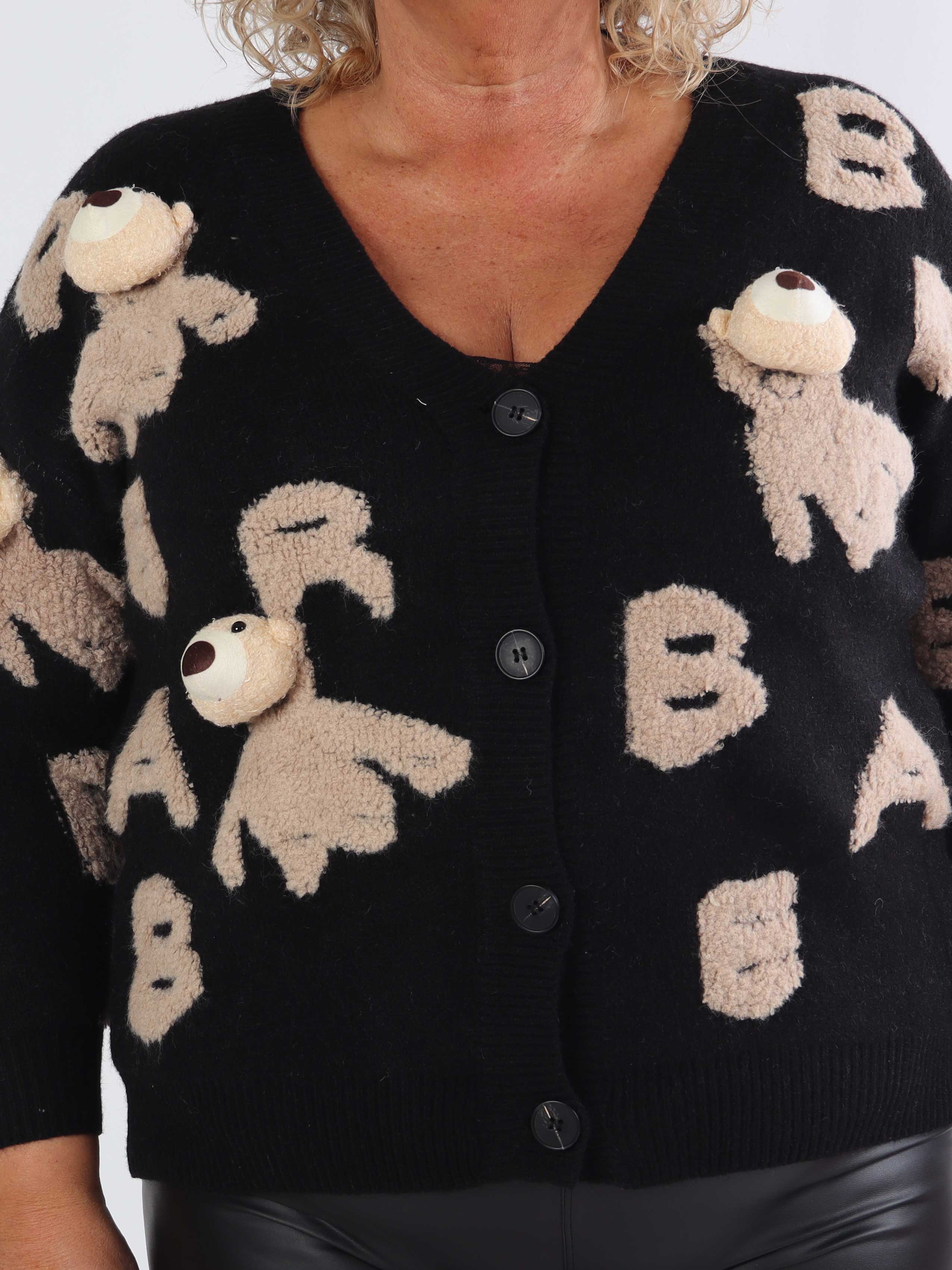 Teddy - Söt stickad cardigan i plus size med teddybjörnar