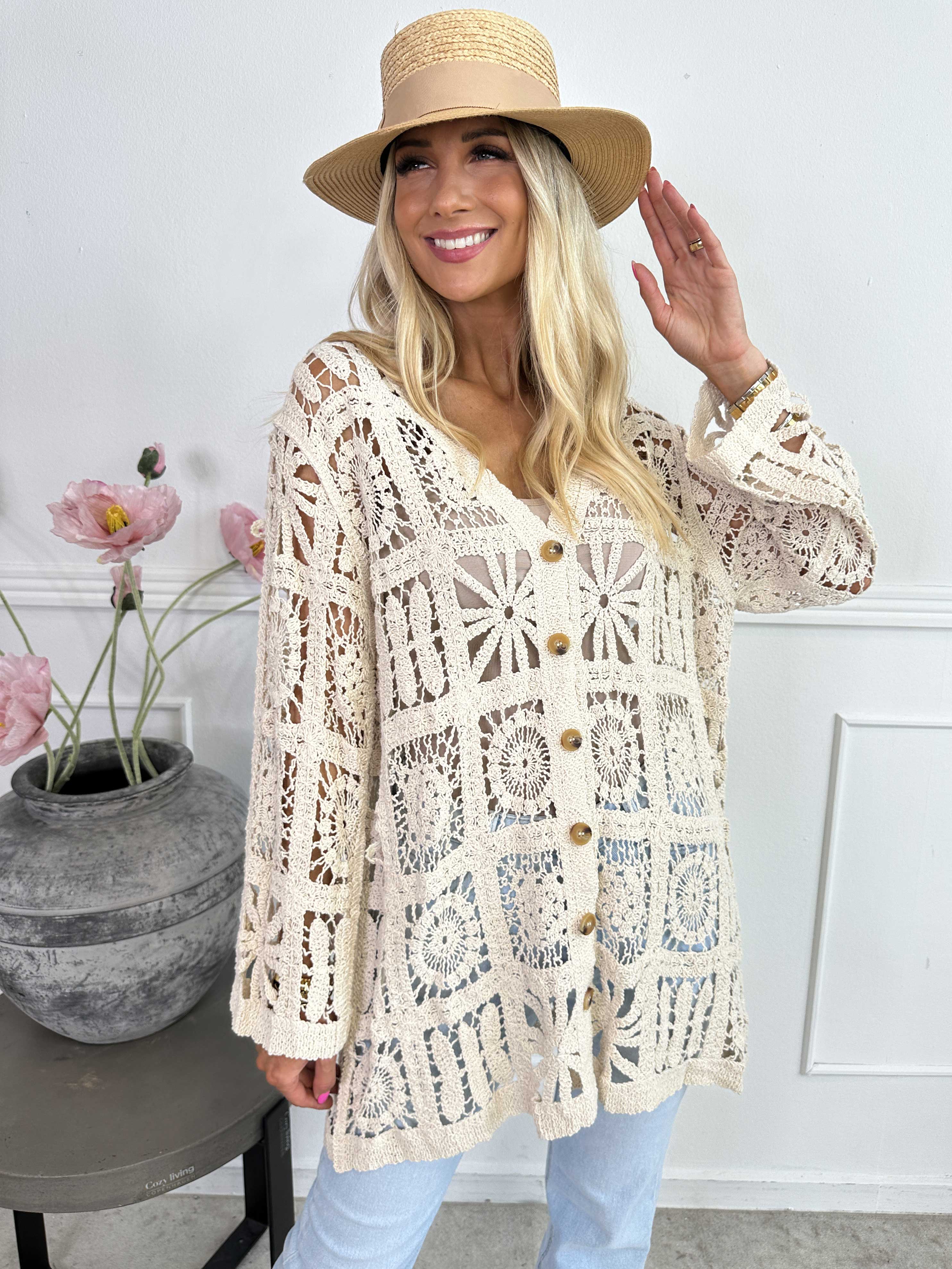 Temari - Virkad kofta i bomull med knappar