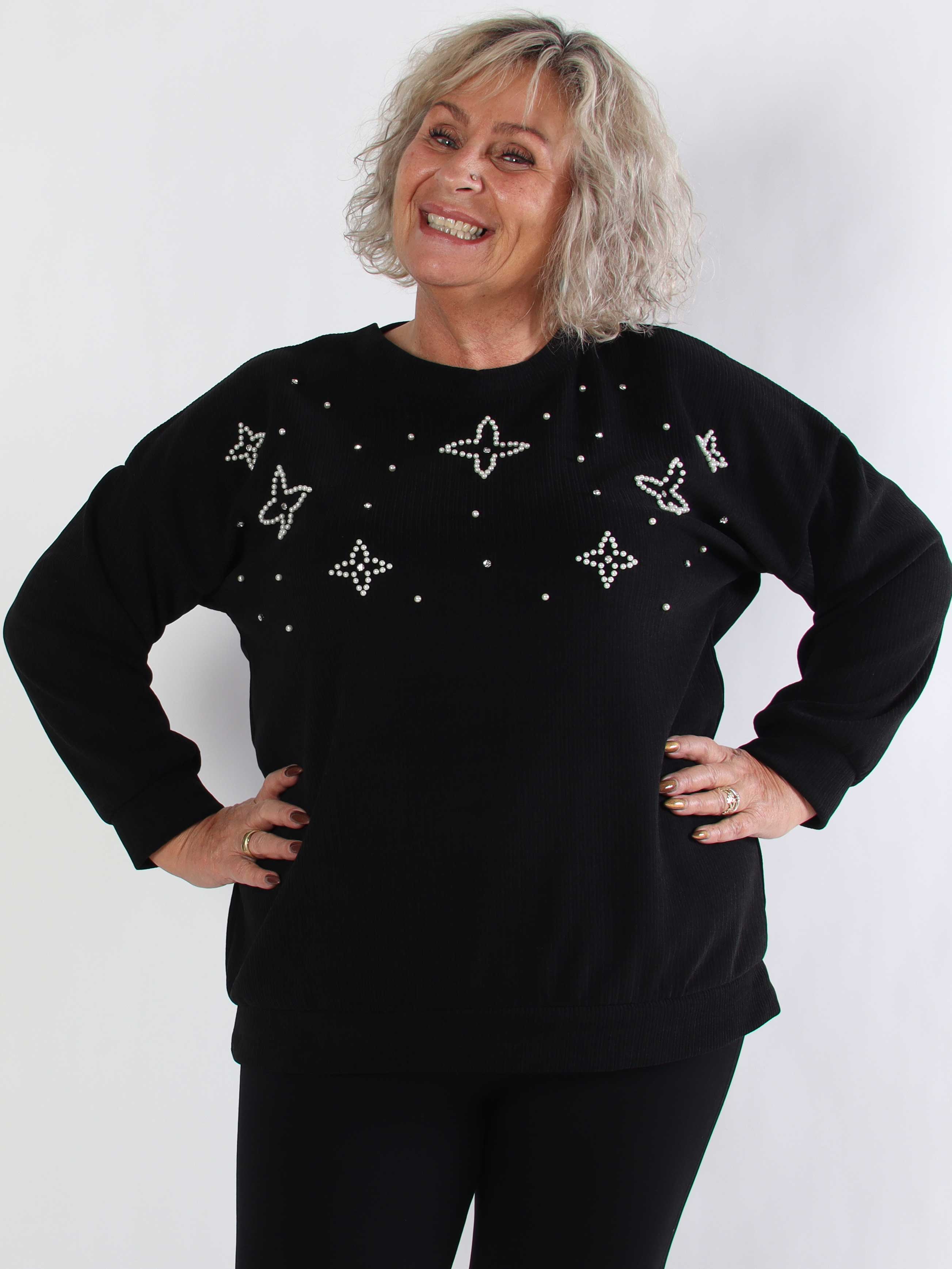 Uma - Fløjl plus size bluse med perler og similisten