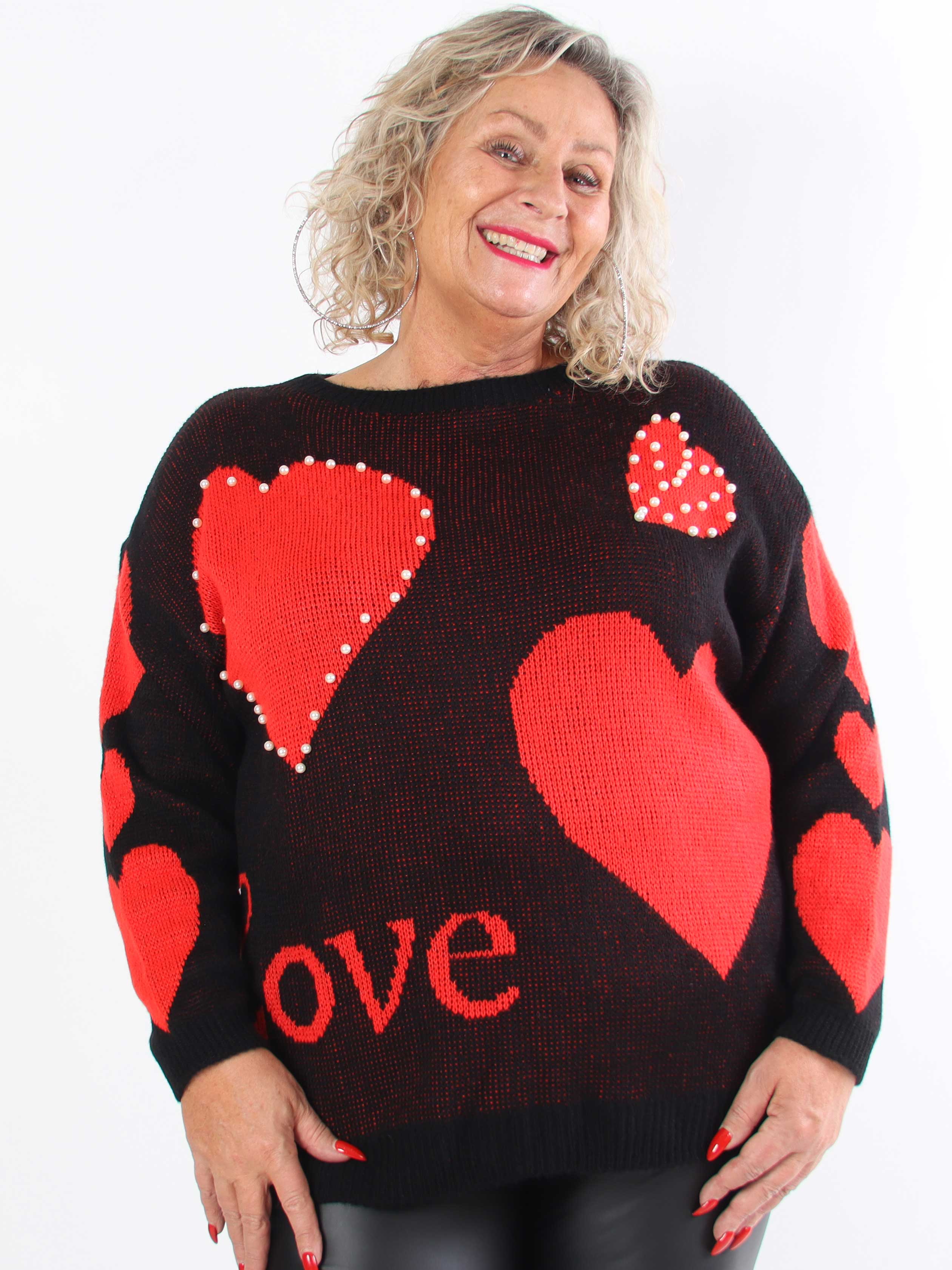 Valeria - Söt stickad tröja i plusstorlek med hjärtan och pärlor
