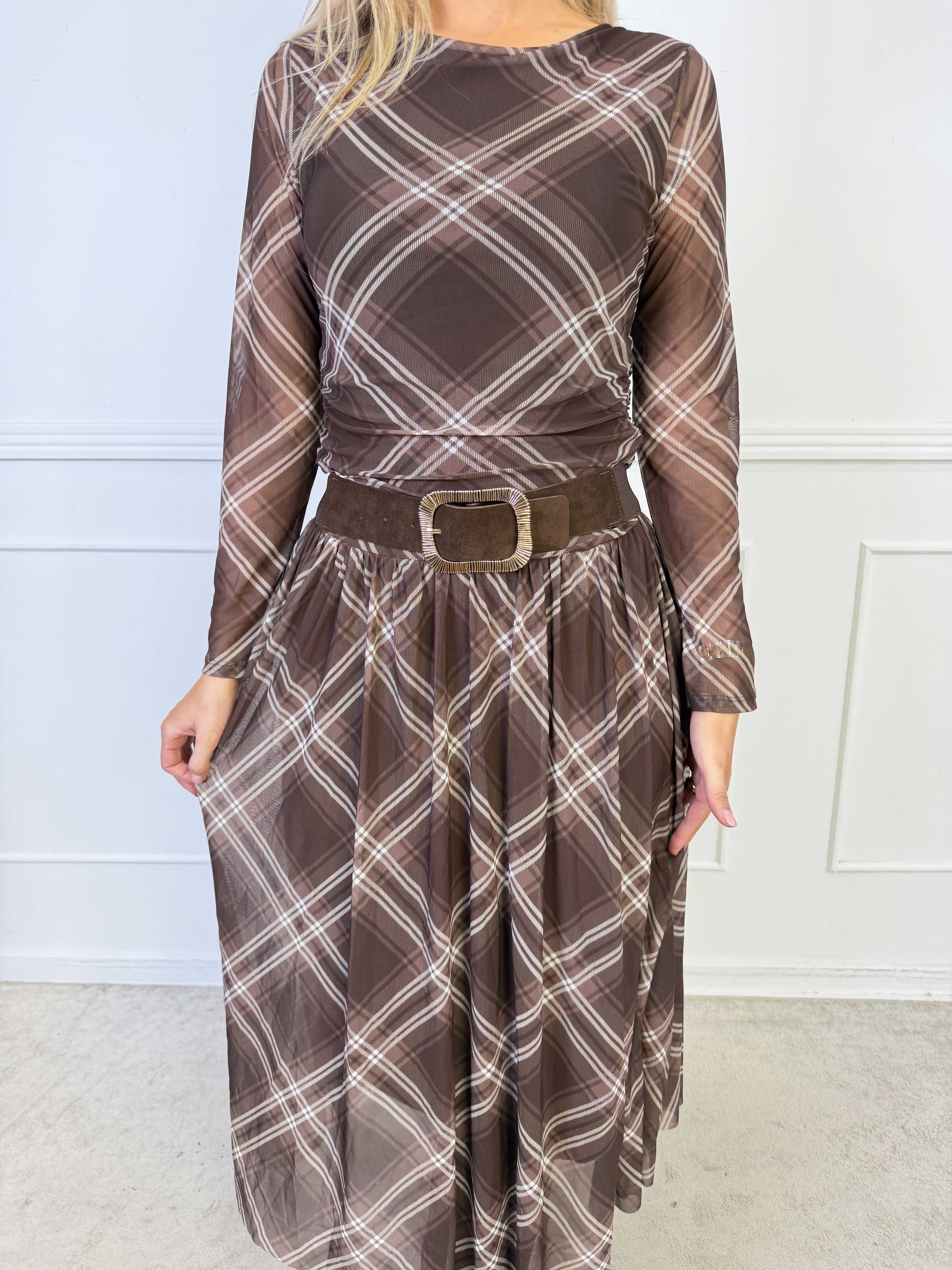Viola Check - Elegant kjole i stretchy mesh med tern og transparente ærmer