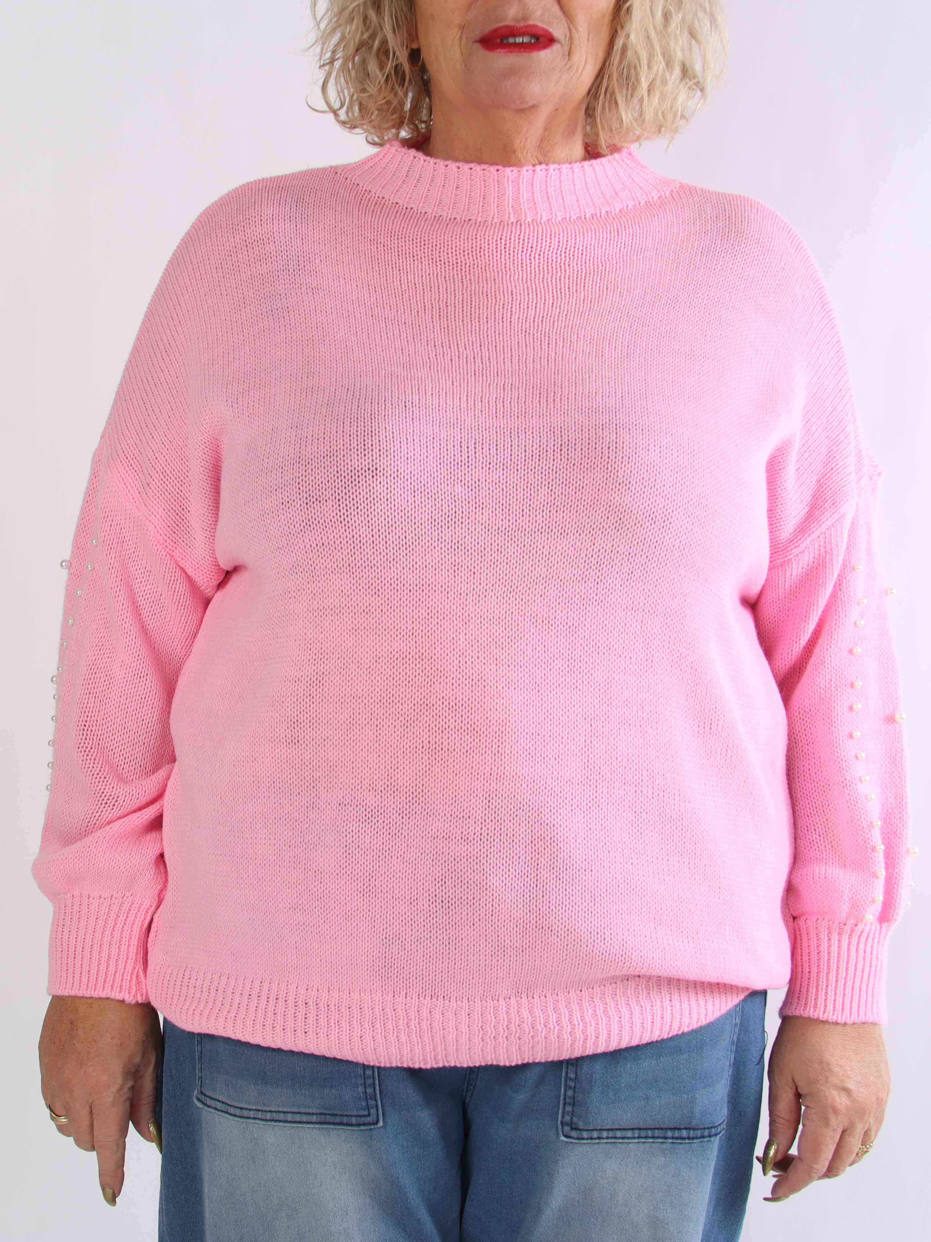 Viviane - Plus size strik detaljeret med hvide perler og ballonærmer