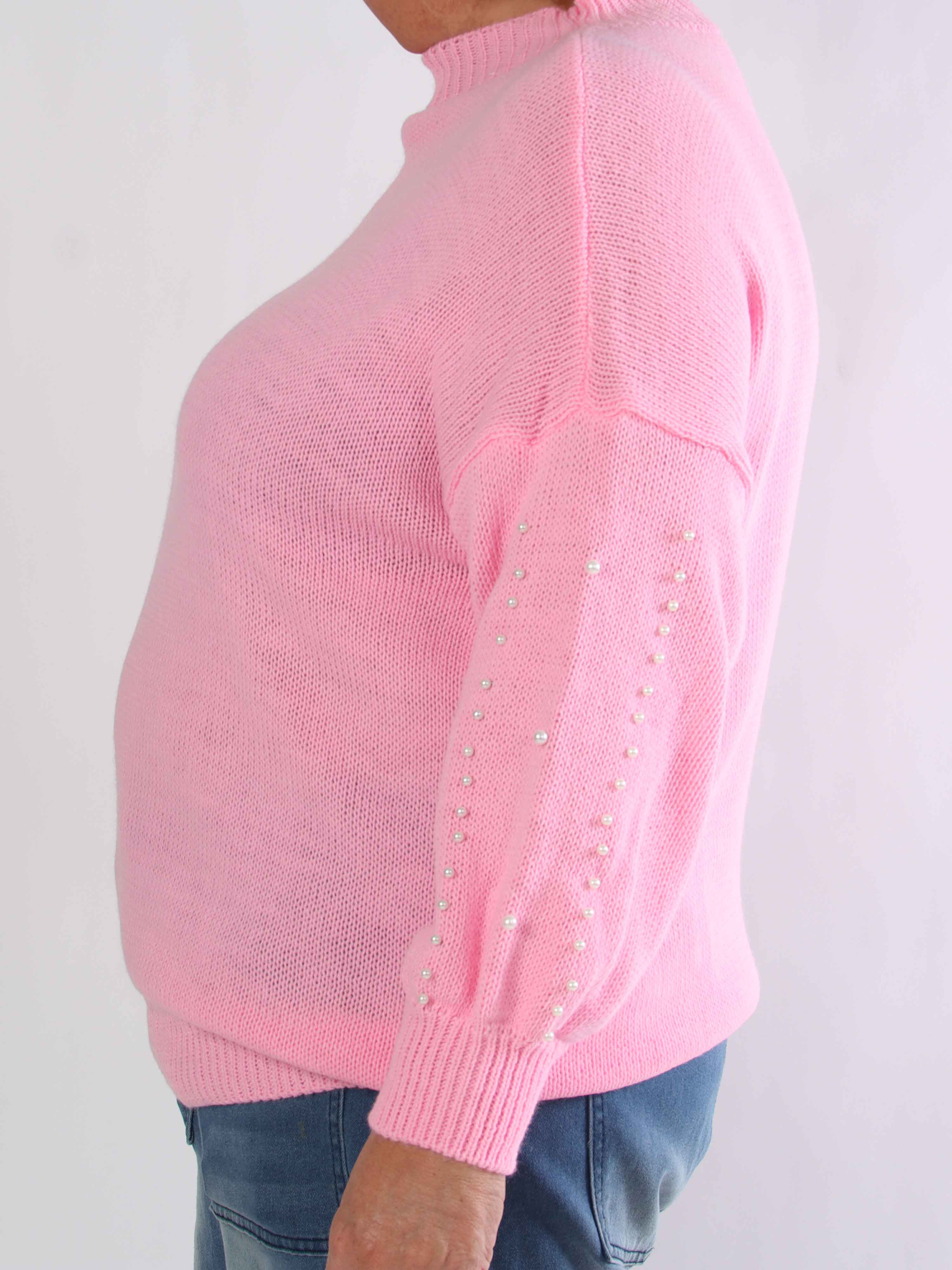 Viviane - Plus size strik detaljeret med hvide perler og ballonærmer