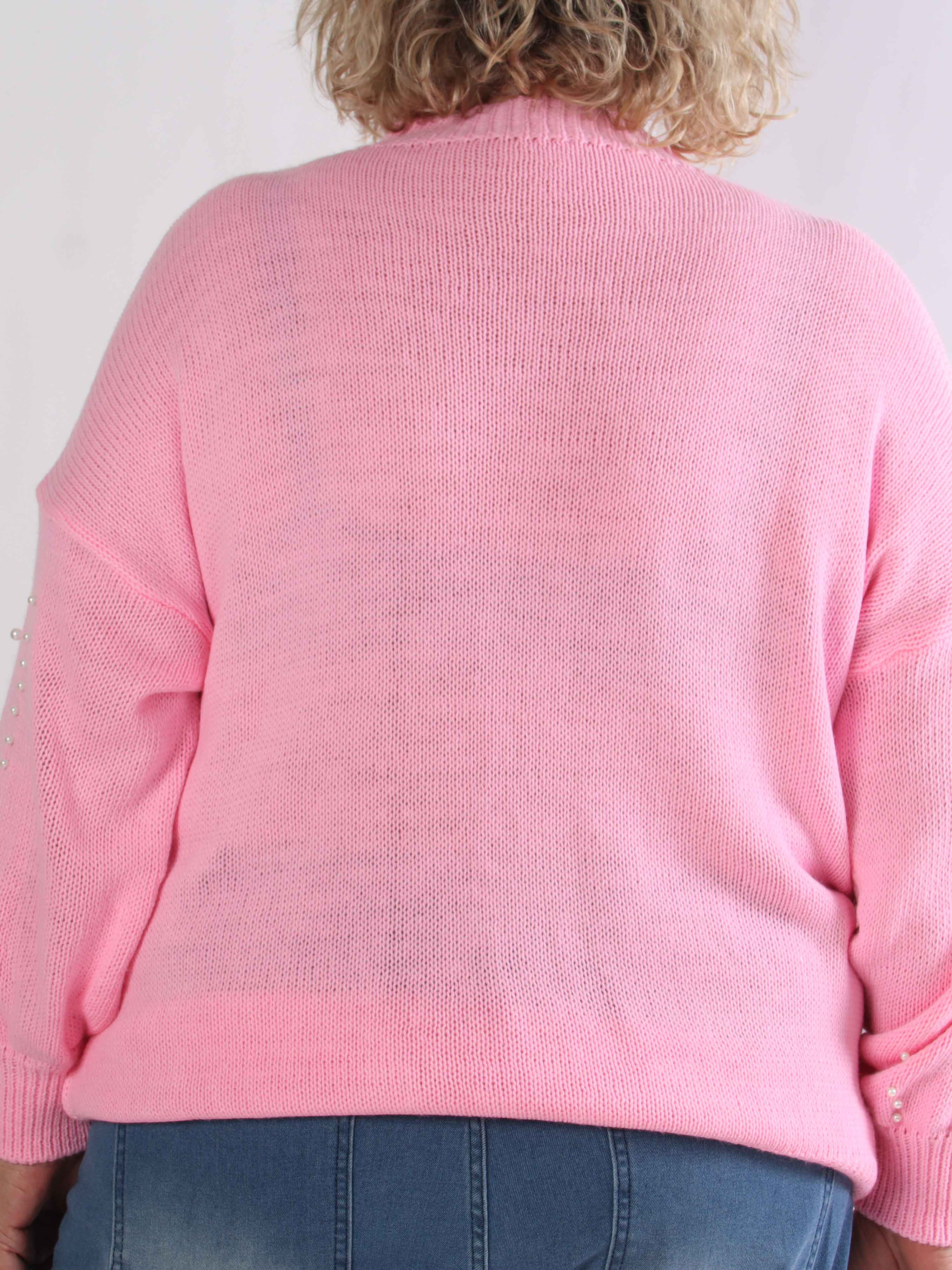 Viviane - Plus size strik detaljeret med hvide perler og ballonærmer