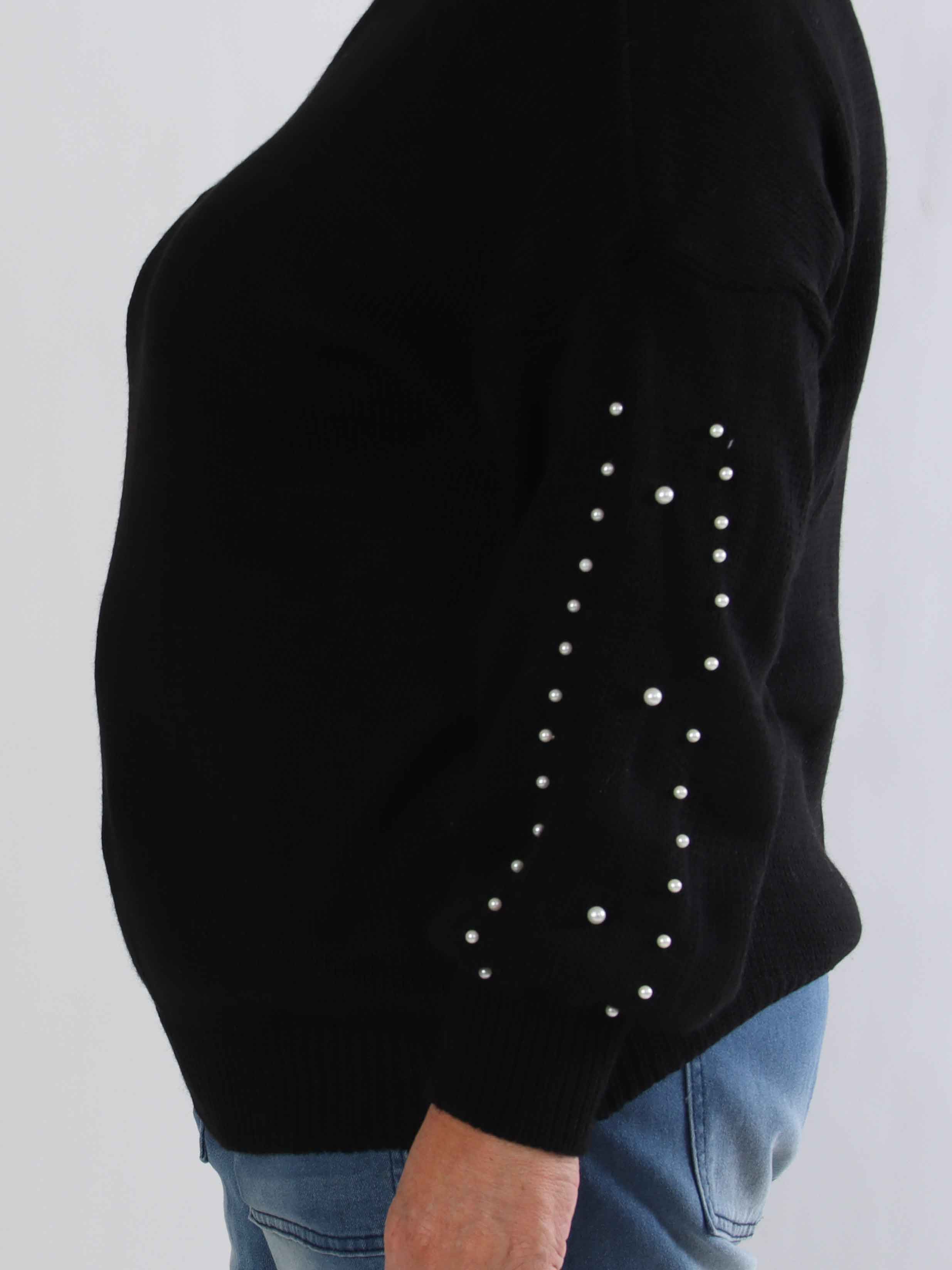 Viviane - Plus size strik detaljeret med hvide perler og ballonærmer