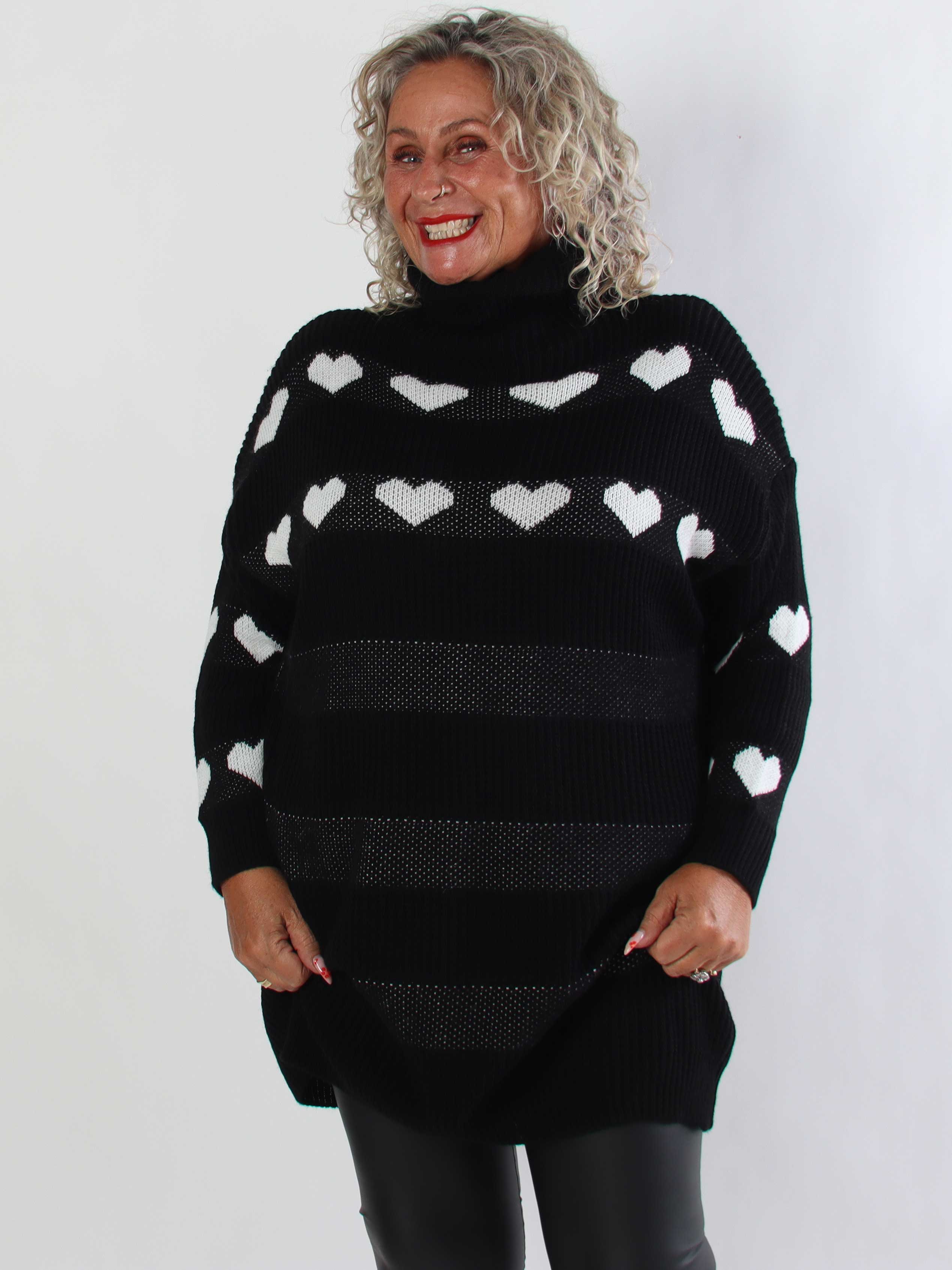Wendy - Plus size strikkjole med fine hjerter og klassisk rullekrave